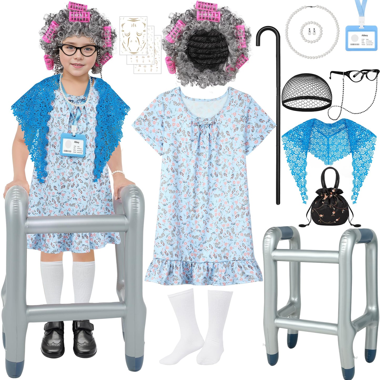 SOMSOC 13-Piece Old Lady Costume for Kids – 100th Day Grandma Outfit with Wig & Shawl