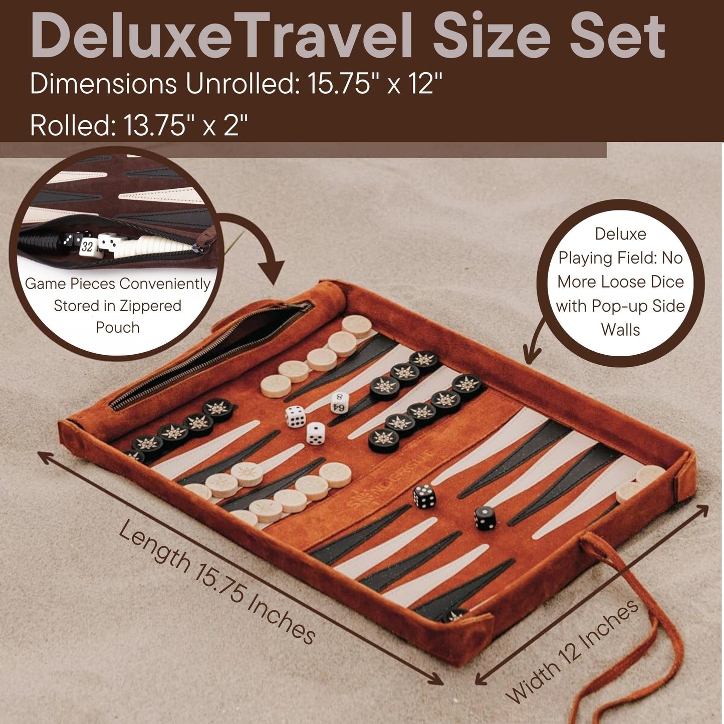 Sondergut Roll-up Portable Suede Deluxe Backgammon Game Set – Compact Travel Backgammon with Pop-Up Field