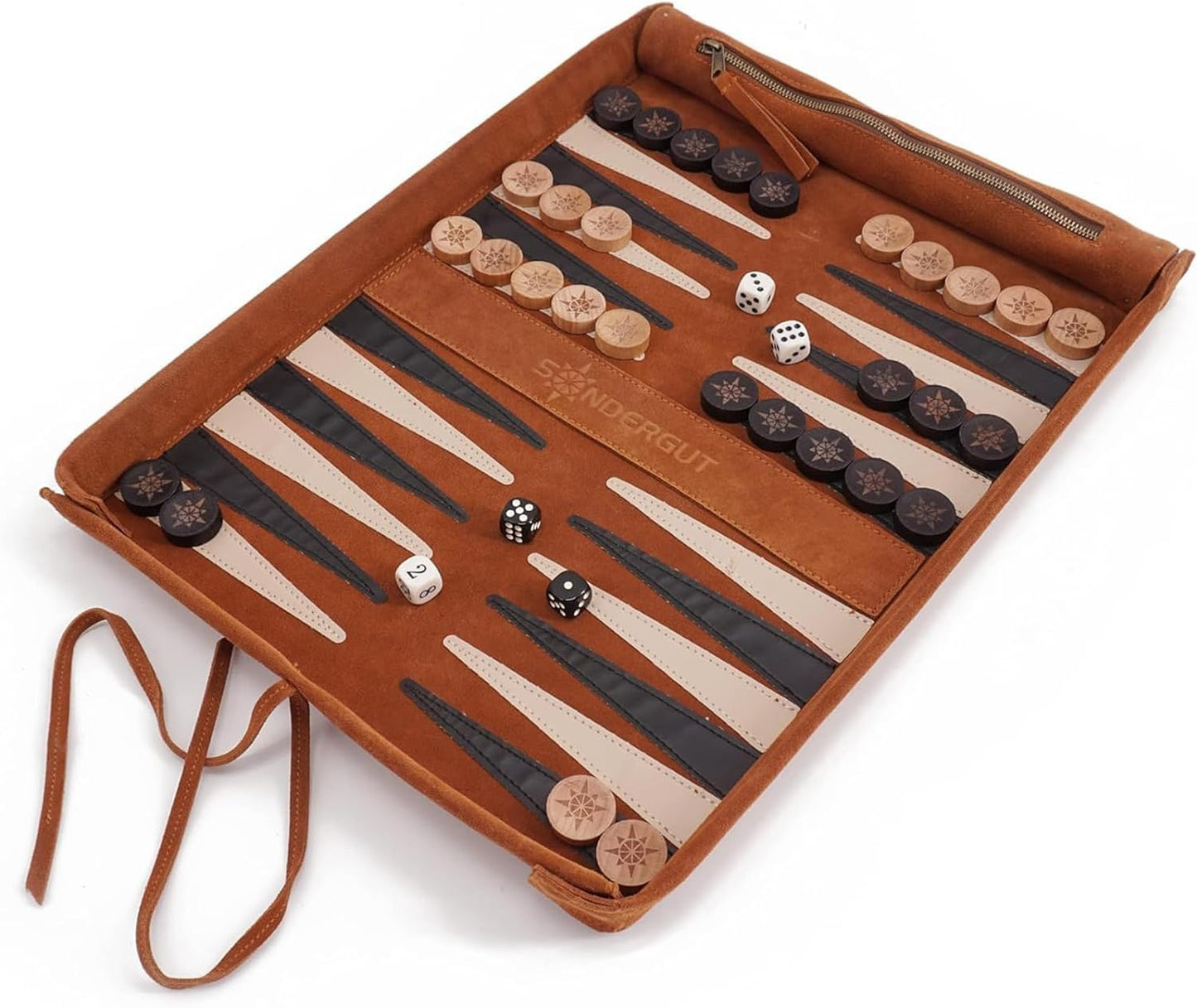 Sondergut Roll-up Portable Suede Deluxe Backgammon Game Set – Compact Travel Backgammon with Pop-Up Field