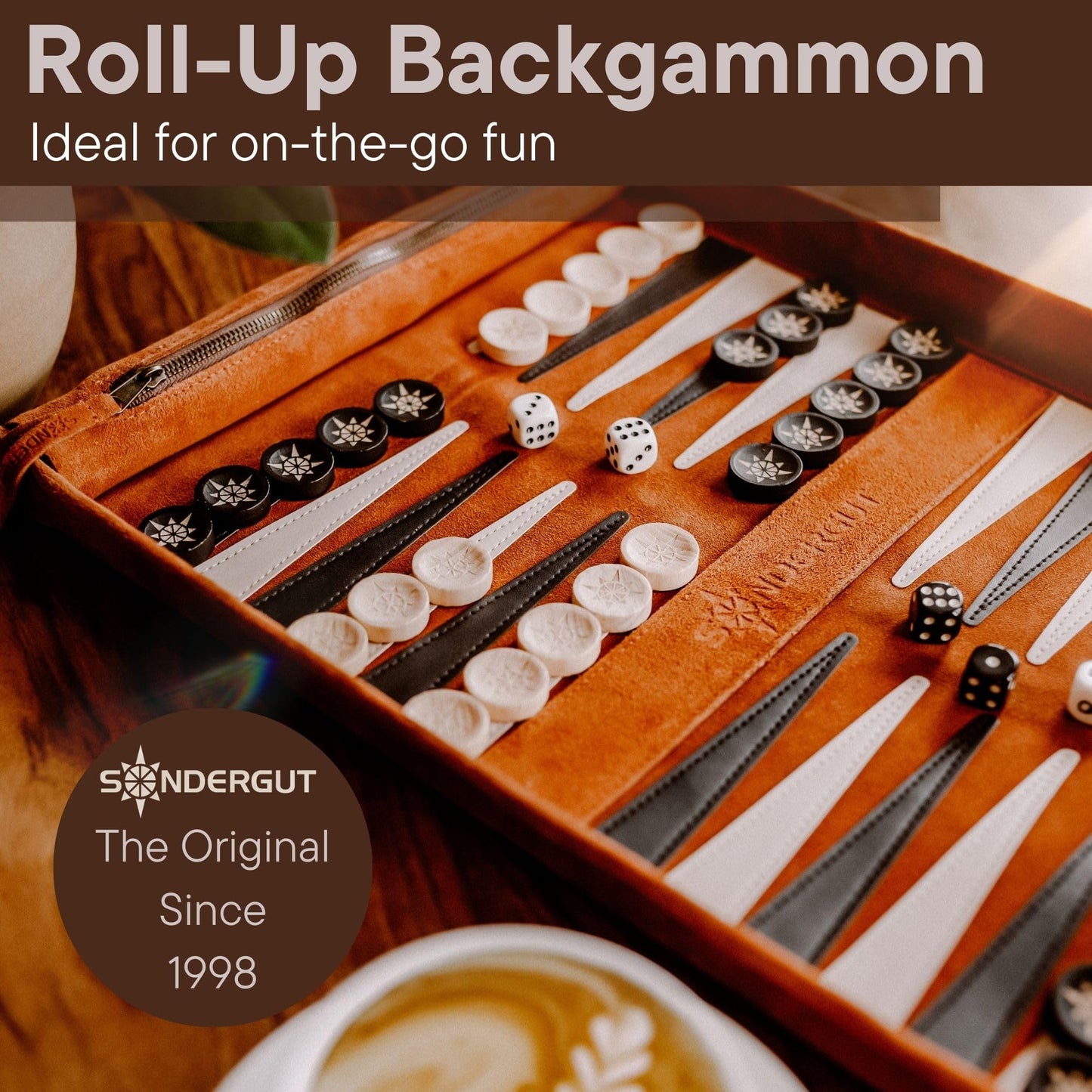 Sondergut Roll-up Portable Suede Deluxe Backgammon Game Set – Compact Travel Backgammon with Pop-Up Field
