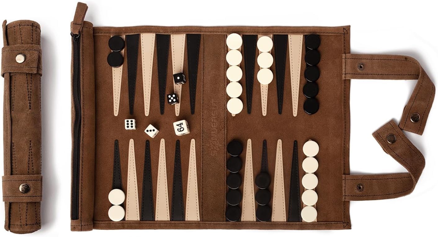Sondergut Roll-up Portable Suede Backgammon Set - Travel-Ready Leather Board