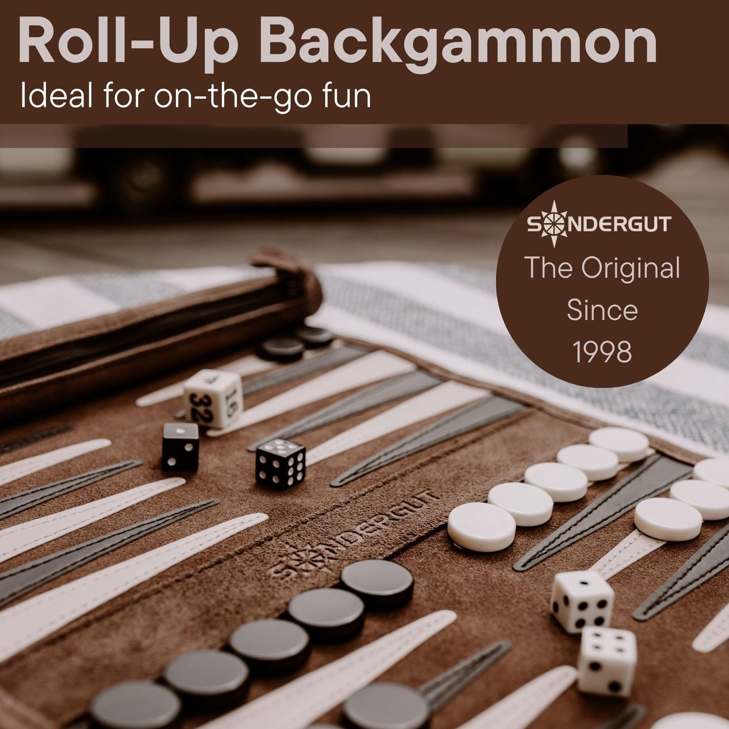 Sondergut Roll-up Portable Suede Backgammon Set - Travel-Ready Leather Board