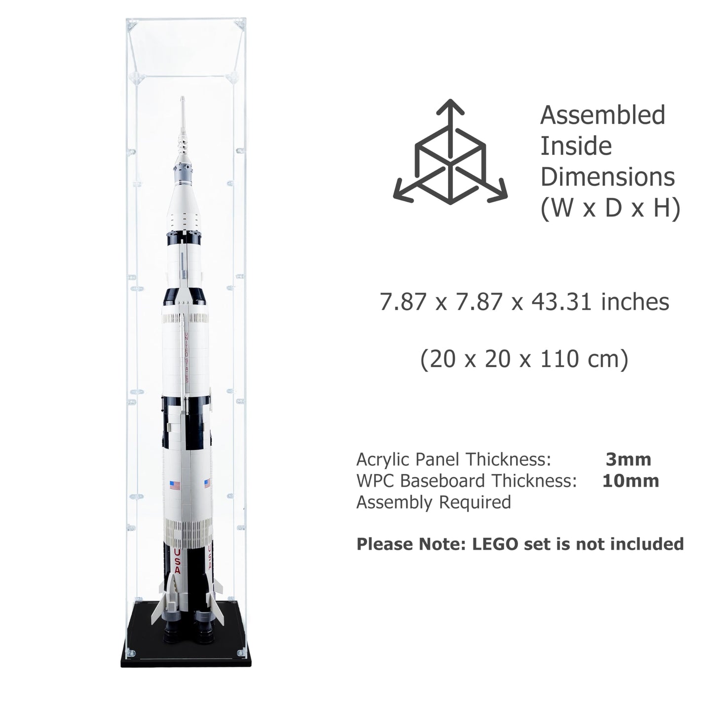 Songlection Acrylic Display Case for LEGO NASA Apollo Saturn V #92176 – Dustproof Box, Vertical Display (Box Only)