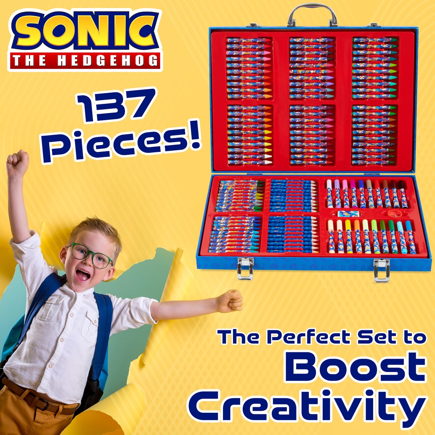 Sonic The Hedgehog 130+ Piece Art Kit for Kids — Travel Case, Pencils, Markers, Crayons