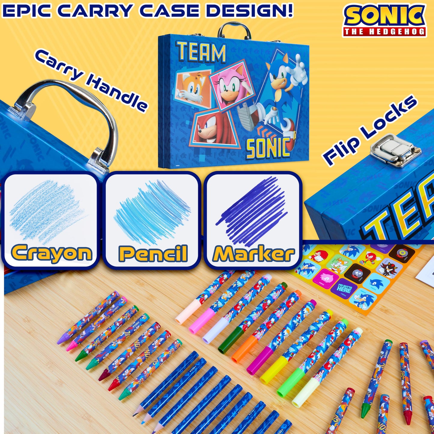 Sonic The Hedgehog 130+ Piece Art Kit for Kids — Travel Case, Pencils, Markers, Crayons