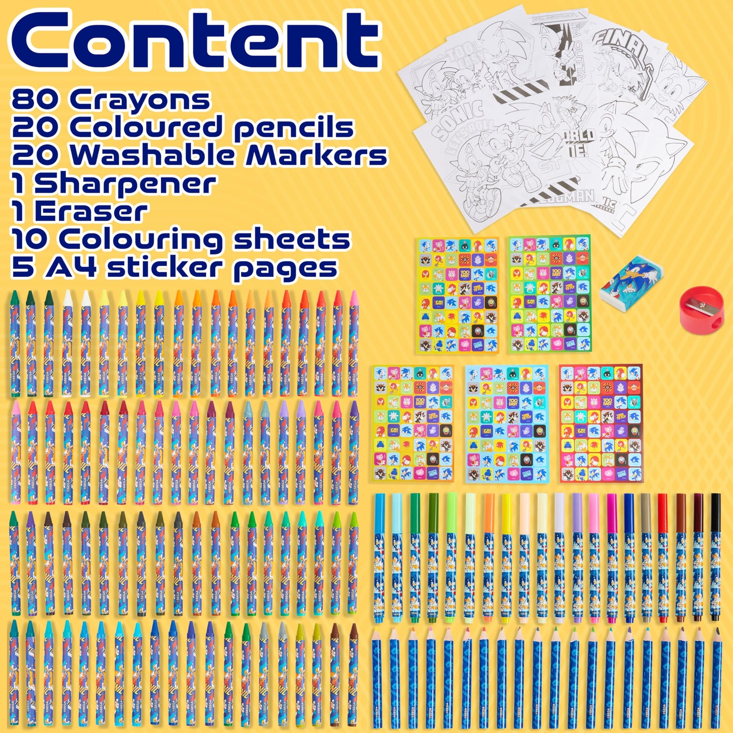 Sonic The Hedgehog 130+ Piece Art Kit for Kids — Travel Case, Pencils, Markers, Crayons