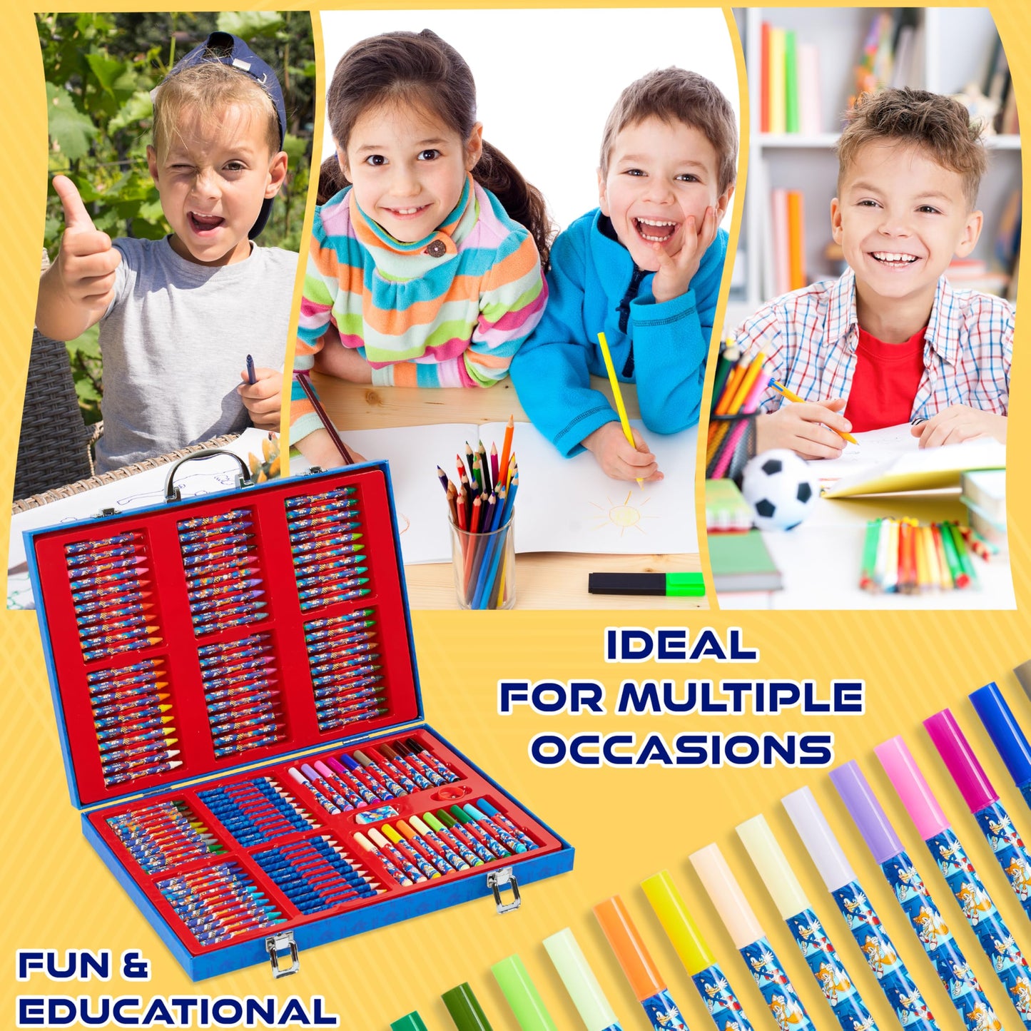 Sonic The Hedgehog 130+ Piece Art Kit for Kids — Travel Case, Pencils, Markers, Crayons