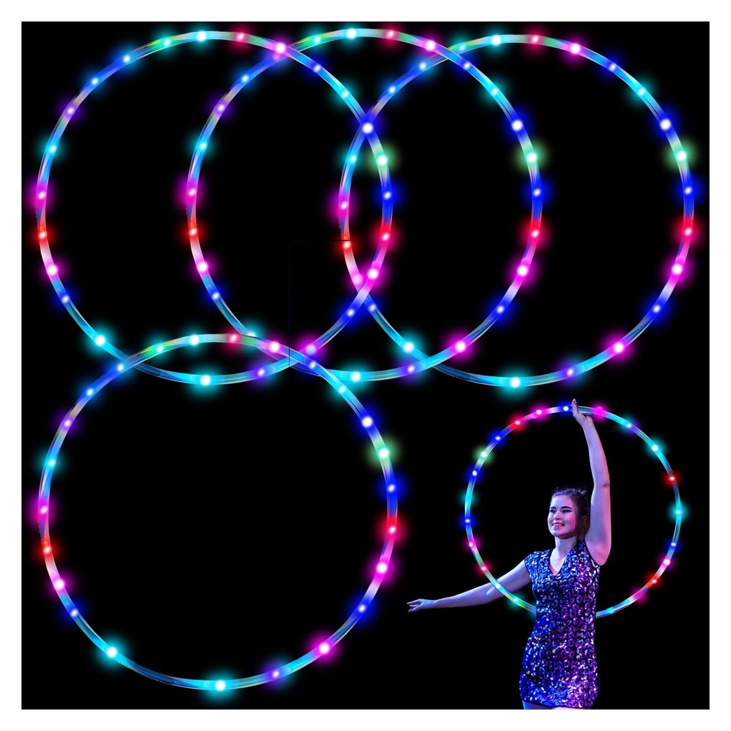 SONSA 4-Pack LED Hoops for Adults – 36in Foldable Light-Up Hoops with 24 LEDs