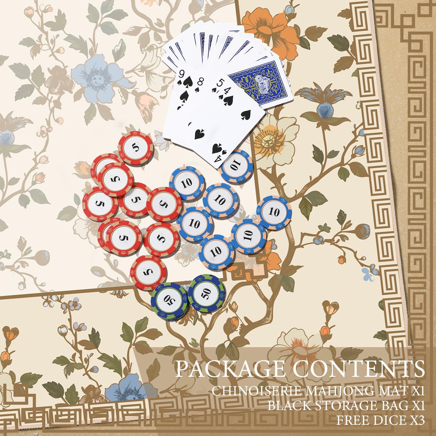 Sonwyoung Chinoiserie Mahjong Mat with Carrying Bag – 31.5" x 31.5" Beige & White, Anti-Slip