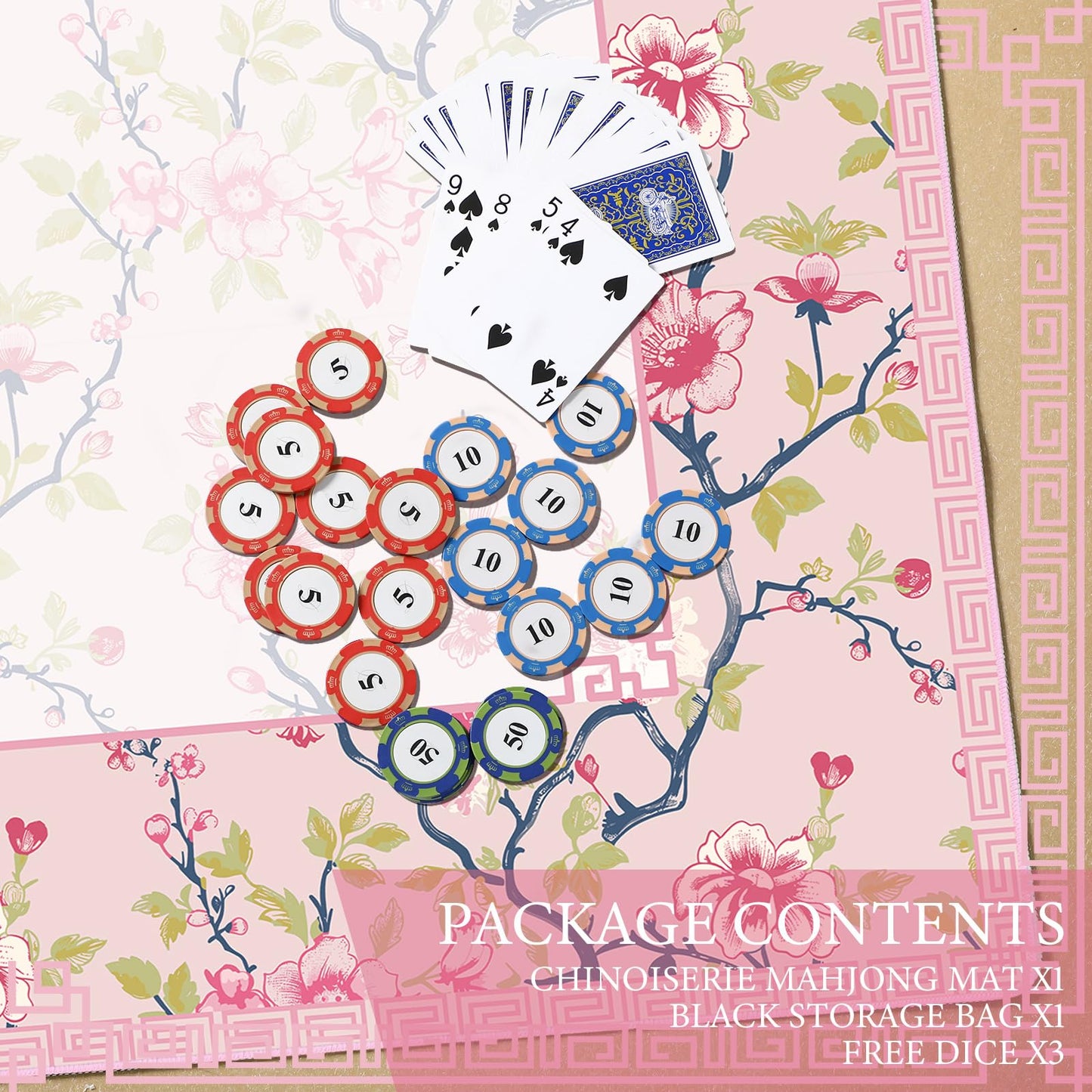 Sonwyoung Chinoiserie Mahjong Mat – 31.5 x 31.5 in, Pink & White, Carrying Bag, Anti-Slip & Noise-Reducing Table Cover