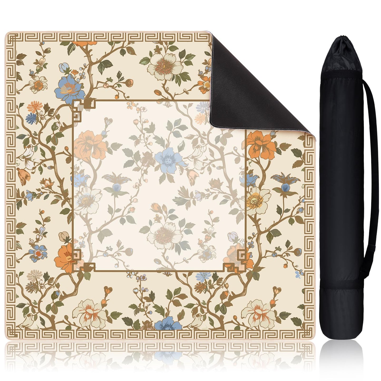 Sonwyoung Chinoiserie Mahjong Mat with Carrying Bag – 31.5" x 31.5" Beige & White, Anti-Slip