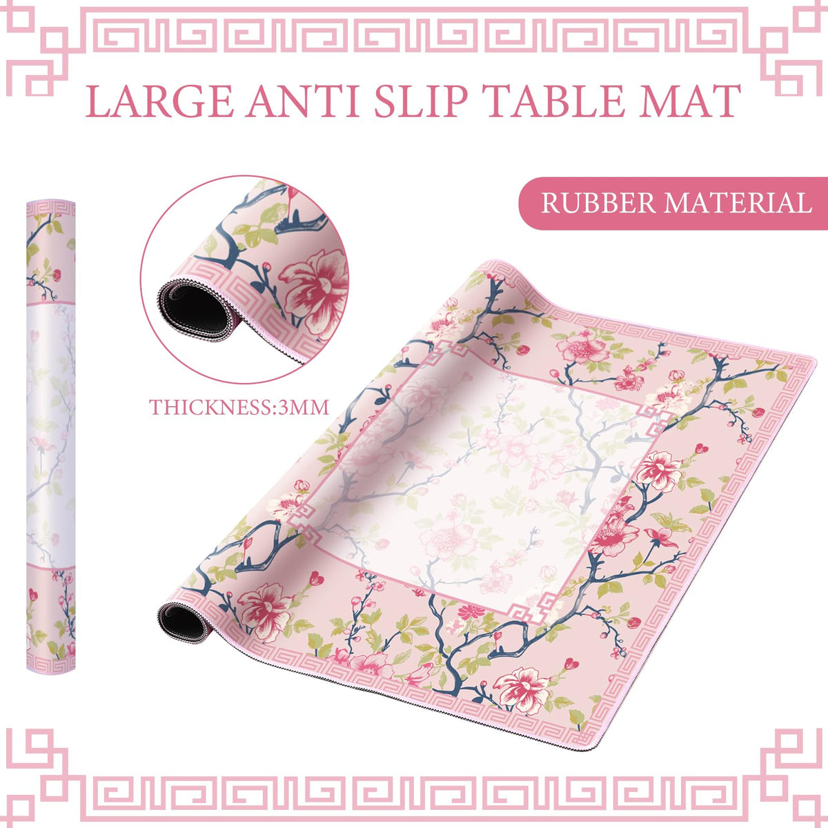 Sonwyoung Chinoiserie Mahjong Mat – 31.5 x 31.5 in, Pink & White, Carrying Bag, Anti-Slip & Noise-Reducing Table Cover