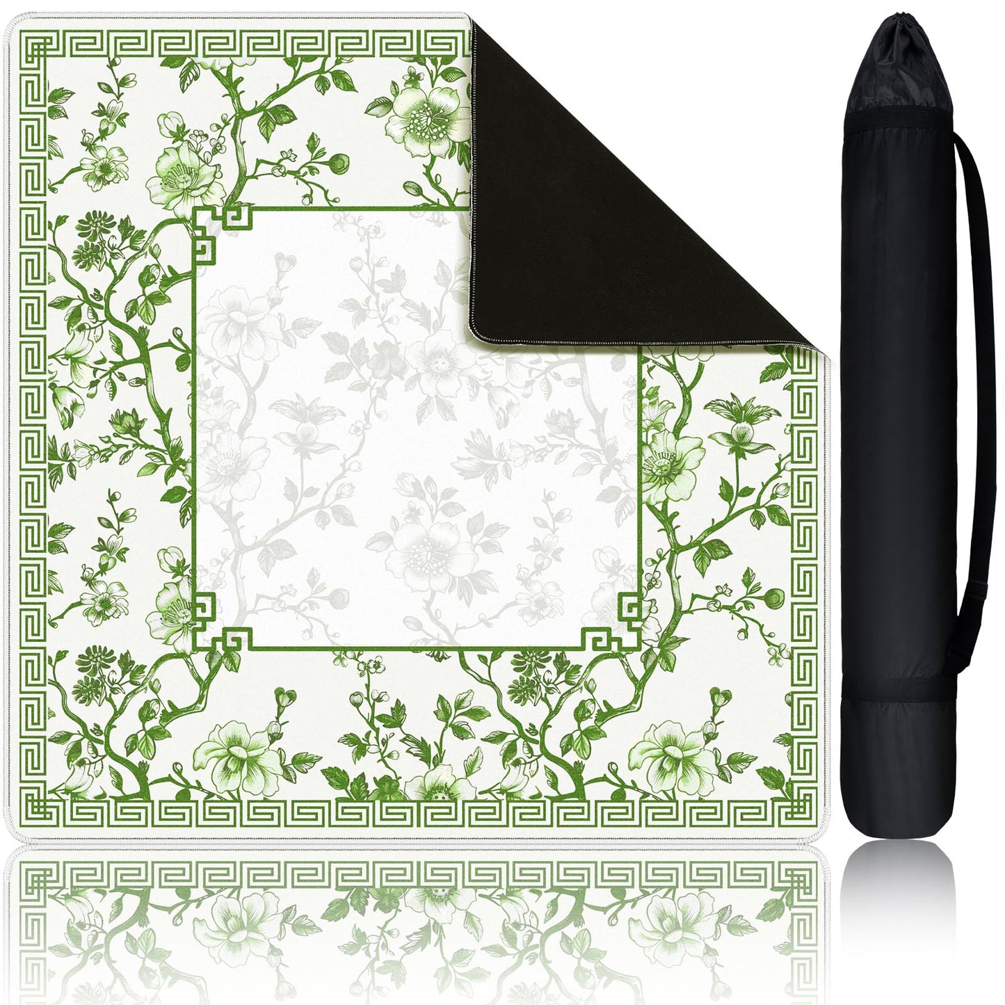 Sonwyoung Chinoiserie Mahjong Mat with Carrying Bag – 31.5 x 31.5 Inches, Green and White, Non-Slip, Noise-Reducing, Multi-Purpose Table Cover