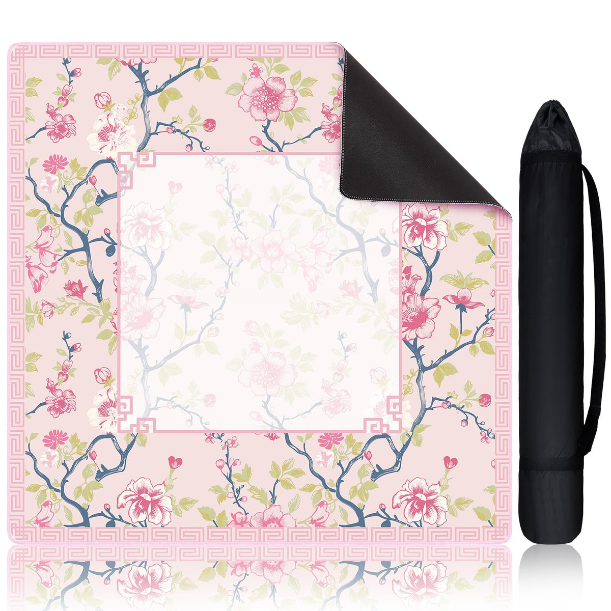 Sonwyoung Chinoiserie Mahjong Mat – 31.5 x 31.5 in, Pink & White, Carrying Bag, Anti-Slip & Noise-Reducing Table Cover