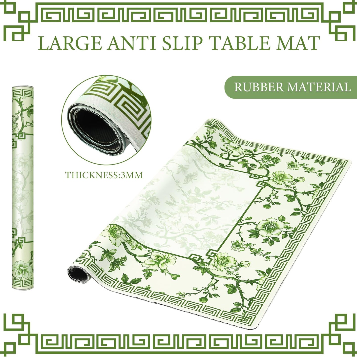 Sonwyoung Chinoiserie Mahjong Mat with Carrying Bag – 31.5 x 31.5 Inches, Green and White, Non-Slip, Noise-Reducing, Multi-Purpose Table Cover