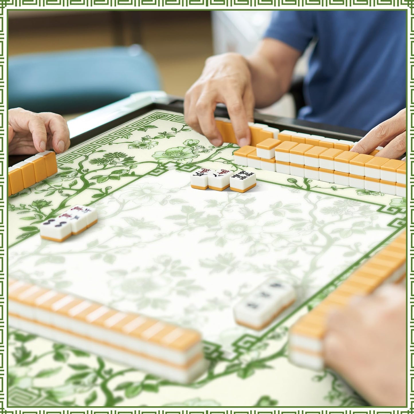 Sonwyoung Chinoiserie Mahjong Mat with Carrying Bag – 31.5 x 31.5 Inches, Green and White, Non-Slip, Noise-Reducing, Multi-Purpose Table Cover