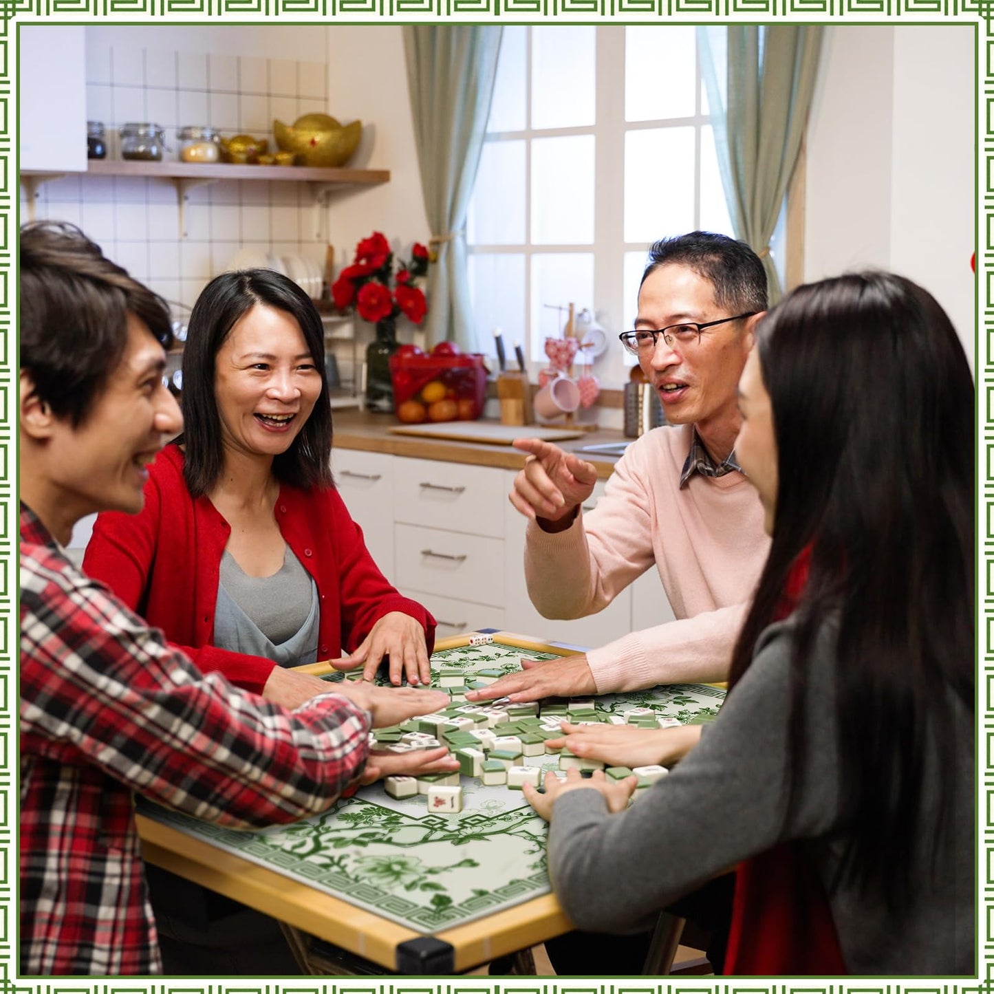 Sonwyoung Chinoiserie Mahjong Mat with Carrying Bag – 31.5 x 31.5 Inches, Green and White, Non-Slip, Noise-Reducing, Multi-Purpose Table Cover