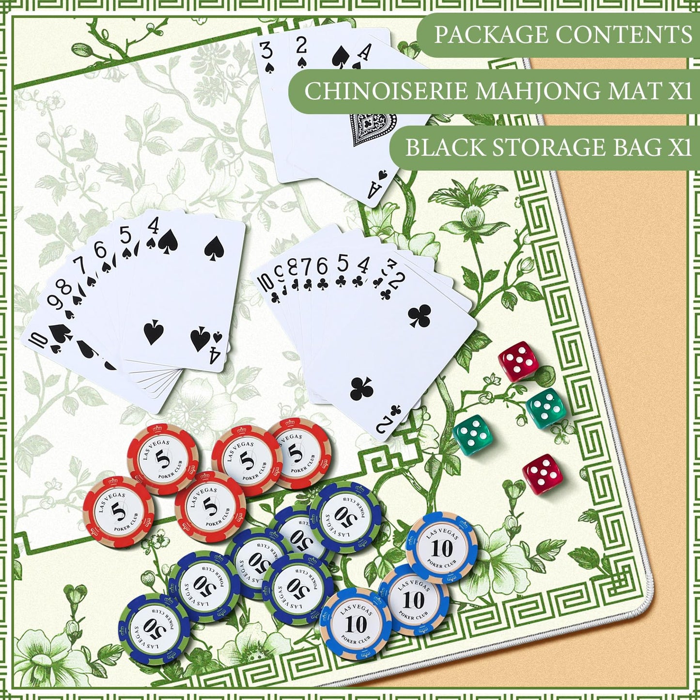 Sonwyoung Chinoiserie Mahjong Mat with Carrying Bag – 31.5 x 31.5 Inches, Green and White, Non-Slip, Noise-Reducing, Multi-Purpose Table Cover
