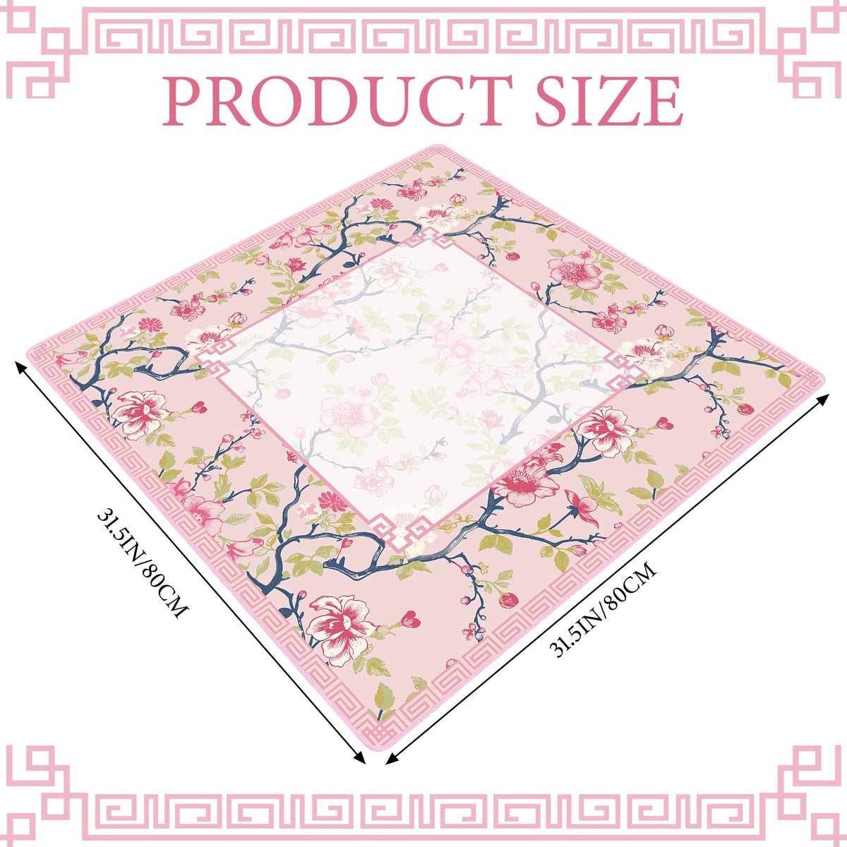 Sonwyoung Chinoiserie Mahjong Mat – 31.5 x 31.5 in, Pink & White, Carrying Bag, Anti-Slip & Noise-Reducing Table Cover