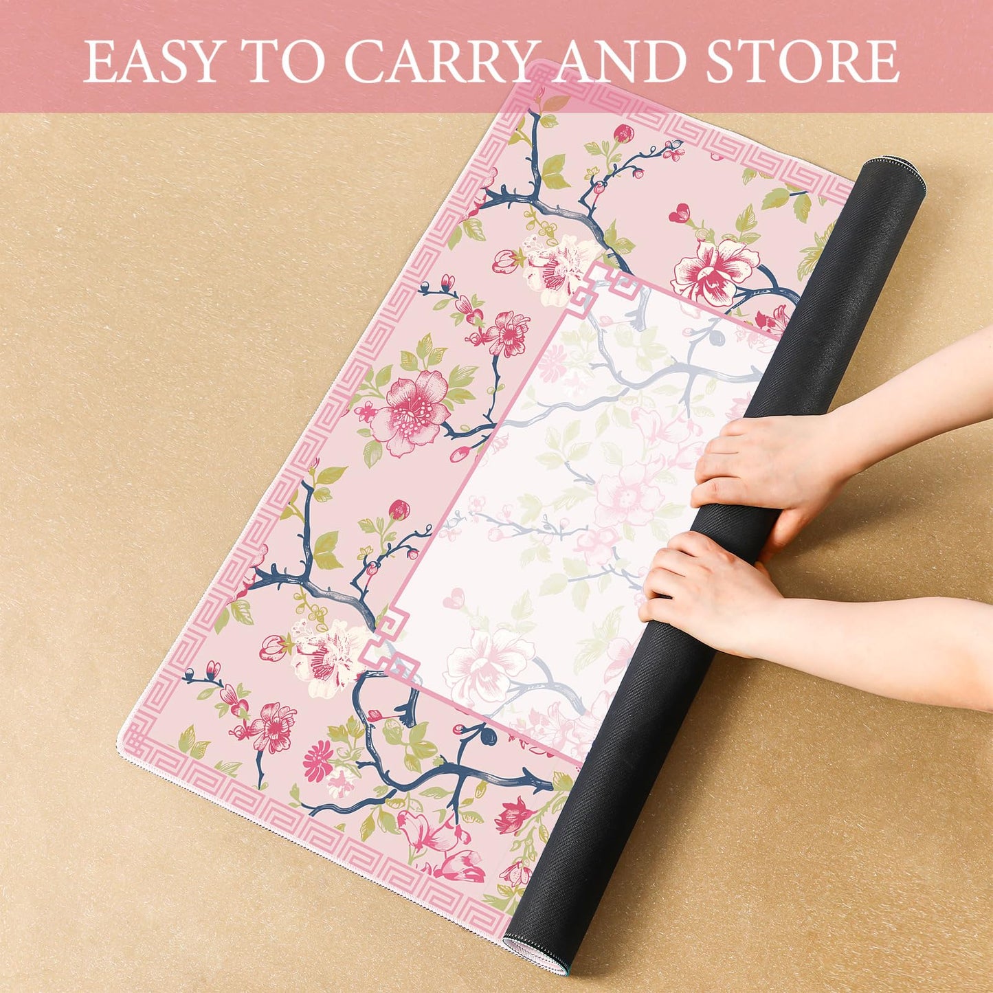 Sonwyoung Chinoiserie Mahjong Mat – 31.5 x 31.5 in, Pink & White, Carrying Bag, Anti-Slip & Noise-Reducing Table Cover