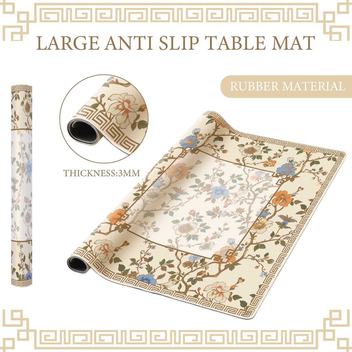Sonwyoung Chinoiserie Mahjong Mat with Carrying Bag – 31.5" x 31.5" Beige & White, Anti-Slip