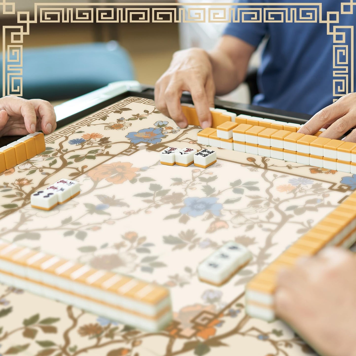 Sonwyoung Chinoiserie Mahjong Mat with Carrying Bag – 31.5" x 31.5" Beige & White, Anti-Slip