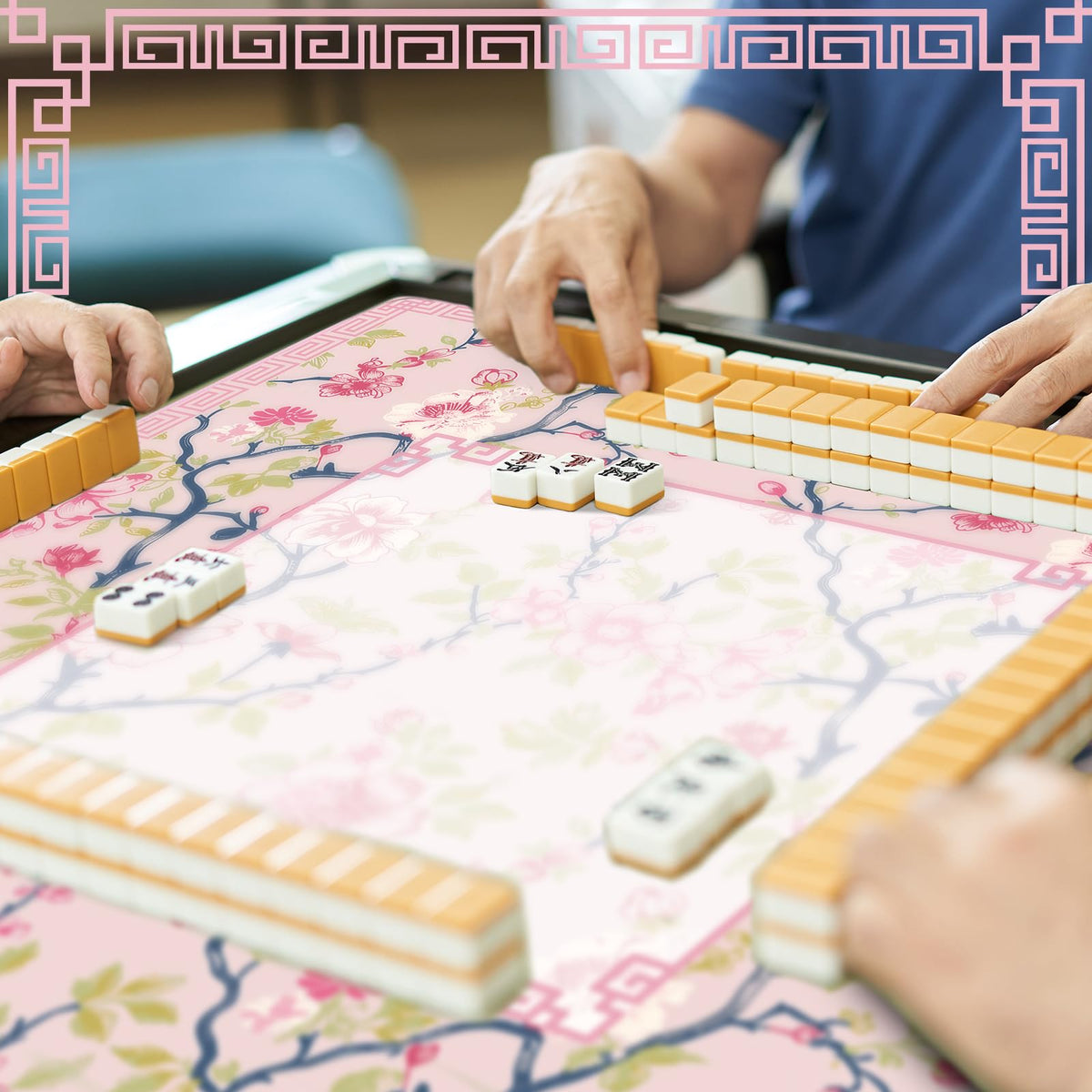Sonwyoung Chinoiserie Mahjong Mat – 31.5 x 31.5 in, Pink & White, Carrying Bag, Anti-Slip & Noise-Reducing Table Cover