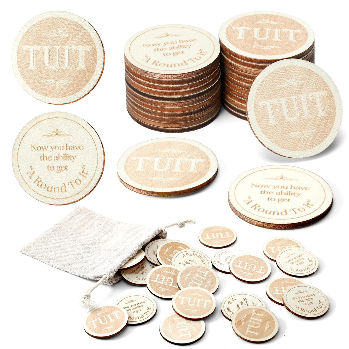 Sonwyoung 24 Pcs Wood Round Tuit – 1.5-Inch Polished Wooden Tokens with Burlap Bag