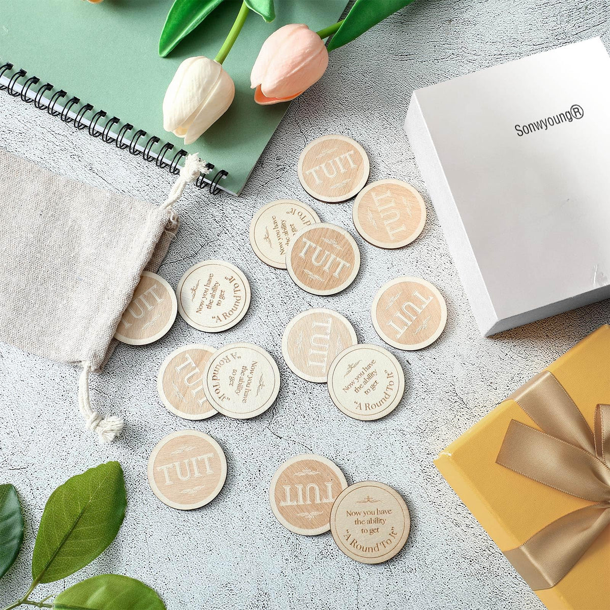 Sonwyoung 24 Pcs Wood Round Tuit – 1.5-Inch Polished Wooden Tokens with Burlap Bag