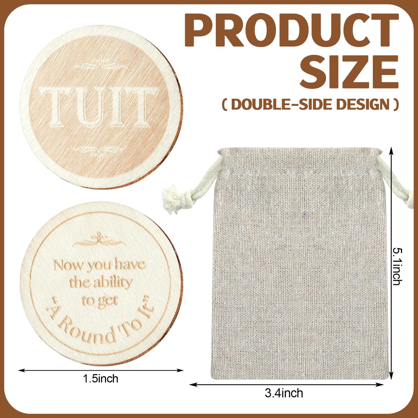 Sonwyoung 24 Pcs Wood Round Tuit – 1.5-Inch Polished Wooden Tokens with Burlap Bag