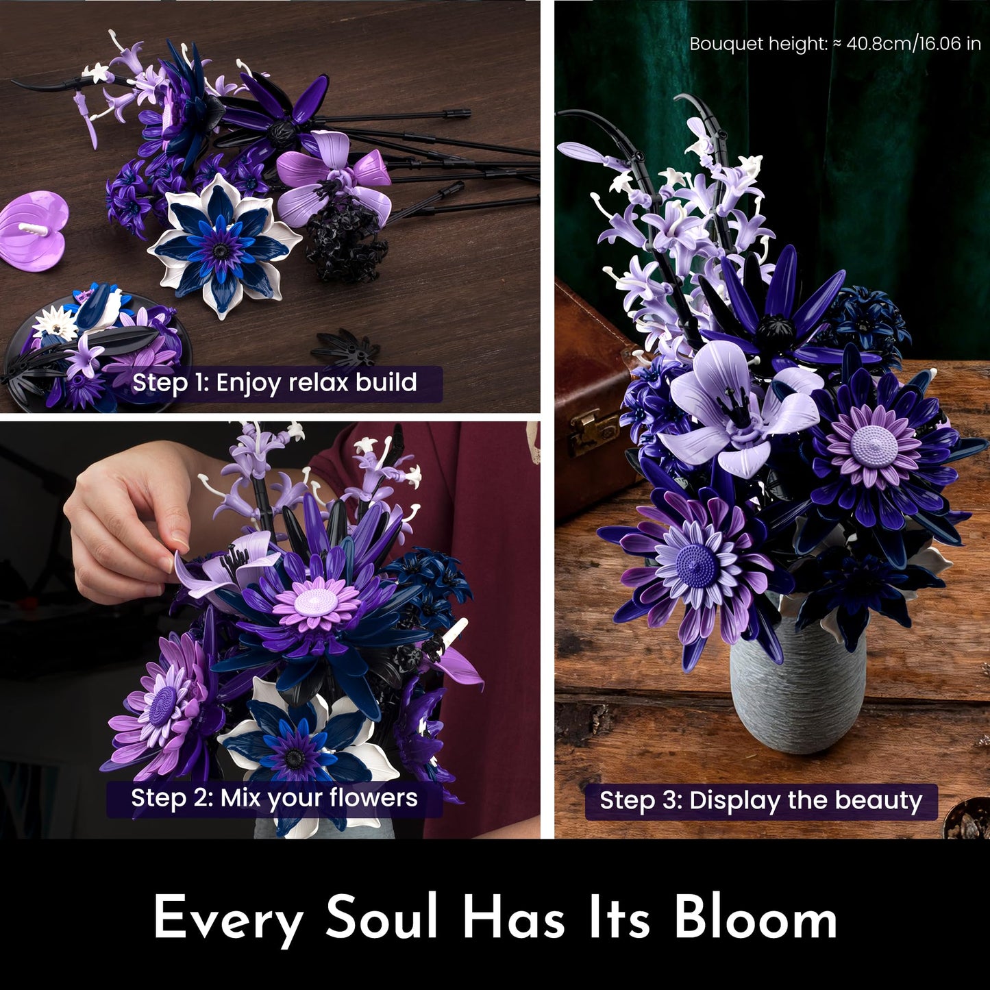 SOOLIO Dahlia Flower Bouquet Building Set for Adults – Gothic Purple Floral Decor (609 PCS)