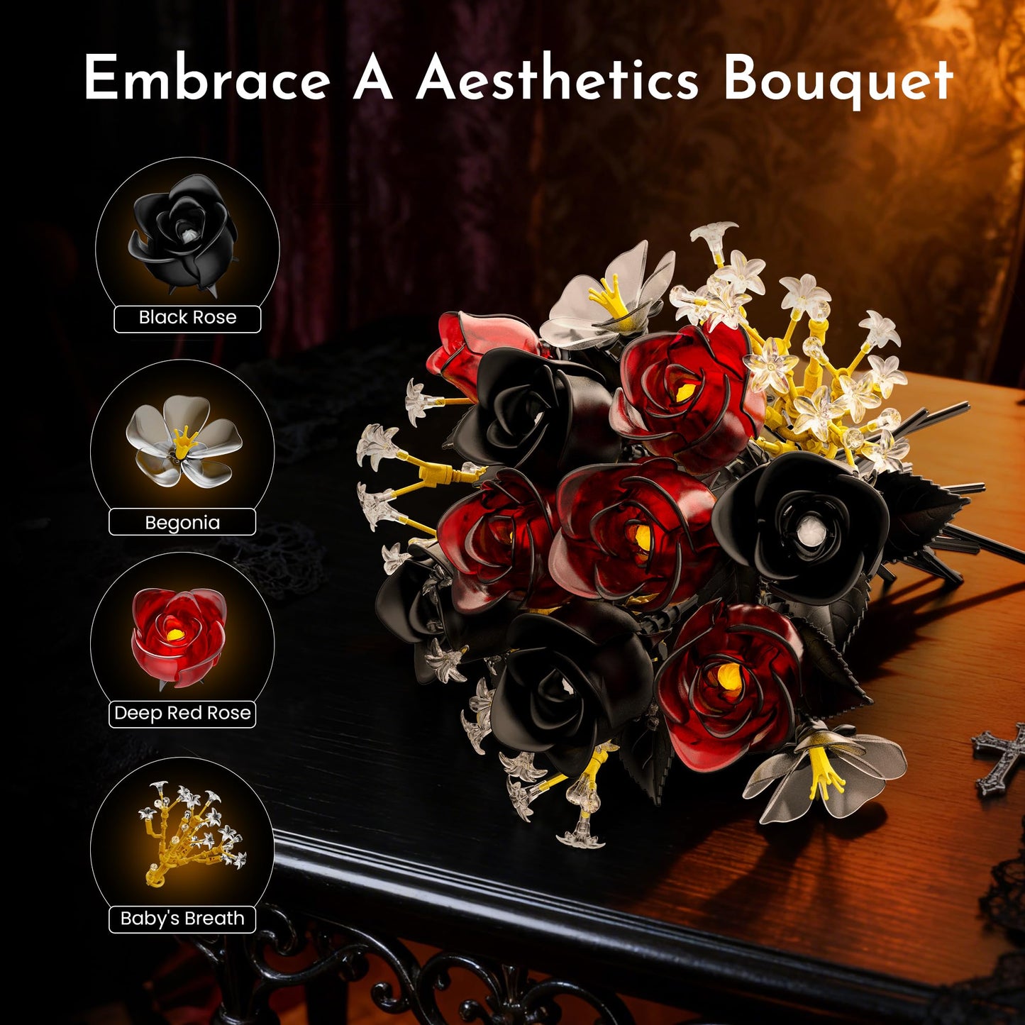SOOLIO Rose Bouquet Building Set – 414-Piece Gothic Floral Decor for Adults, Valentines & Anniversary Gift