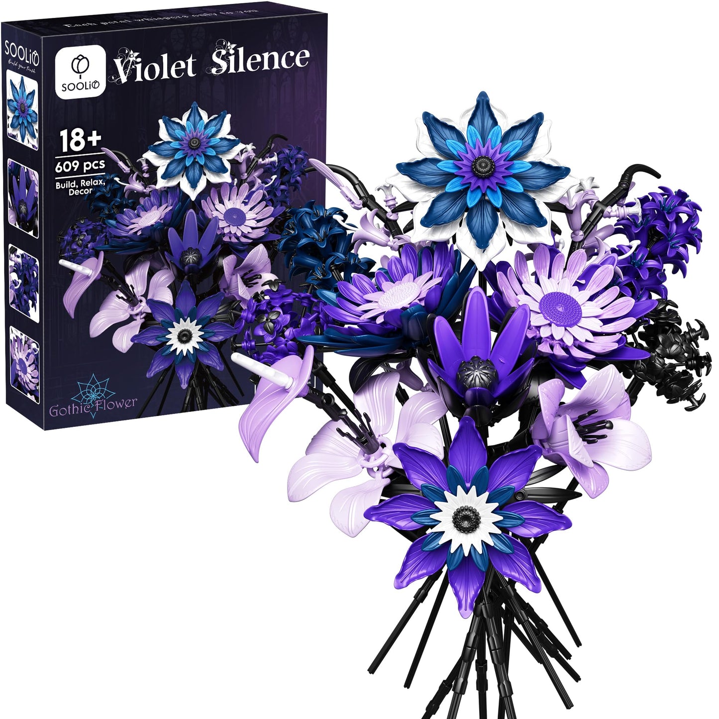 SOOLIO Dahlia Flower Bouquet Building Set for Adults – Gothic Purple Floral Decor (609 PCS)