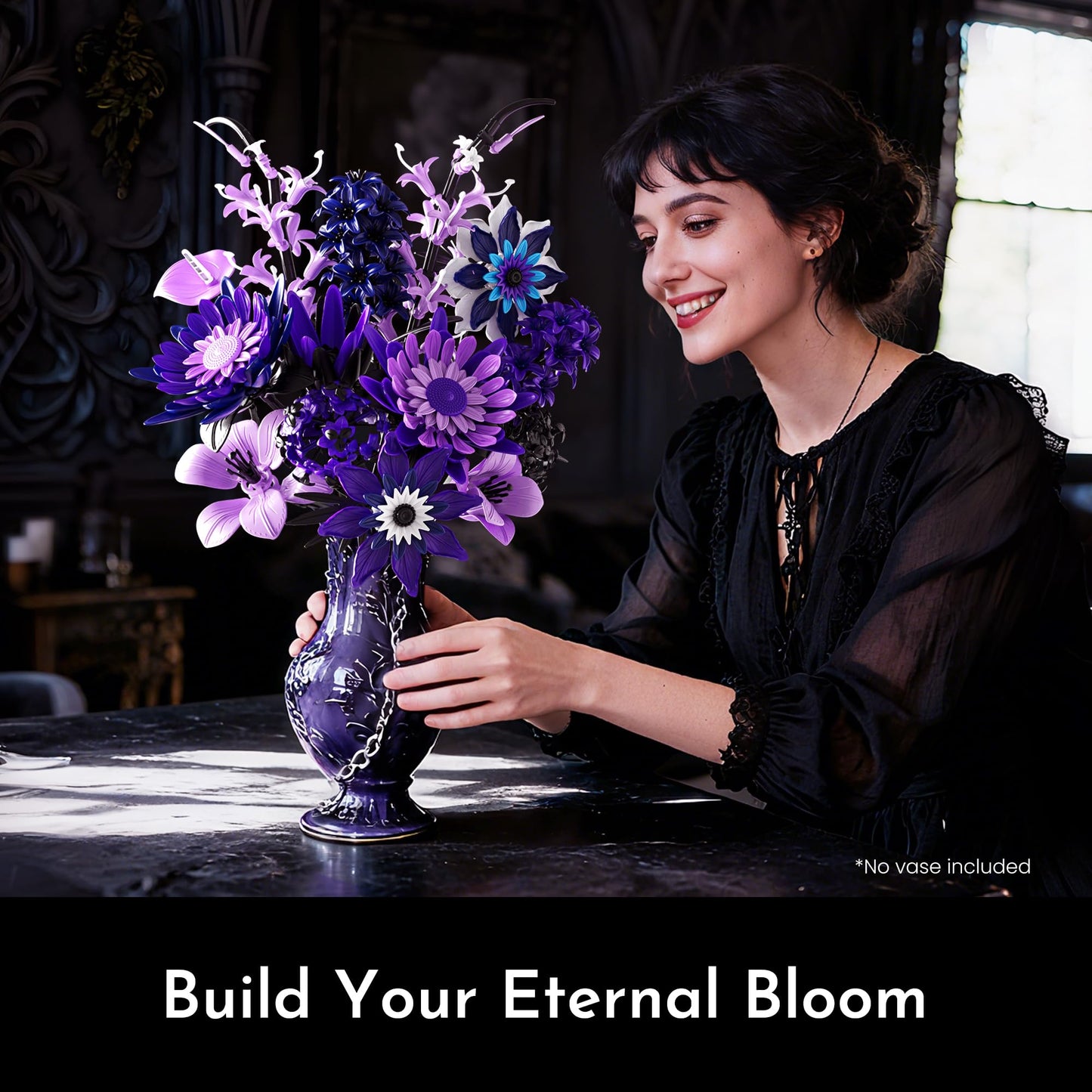 SOOLIO Dahlia Flower Bouquet Building Set for Adults – Gothic Purple Floral Decor (609 PCS)
