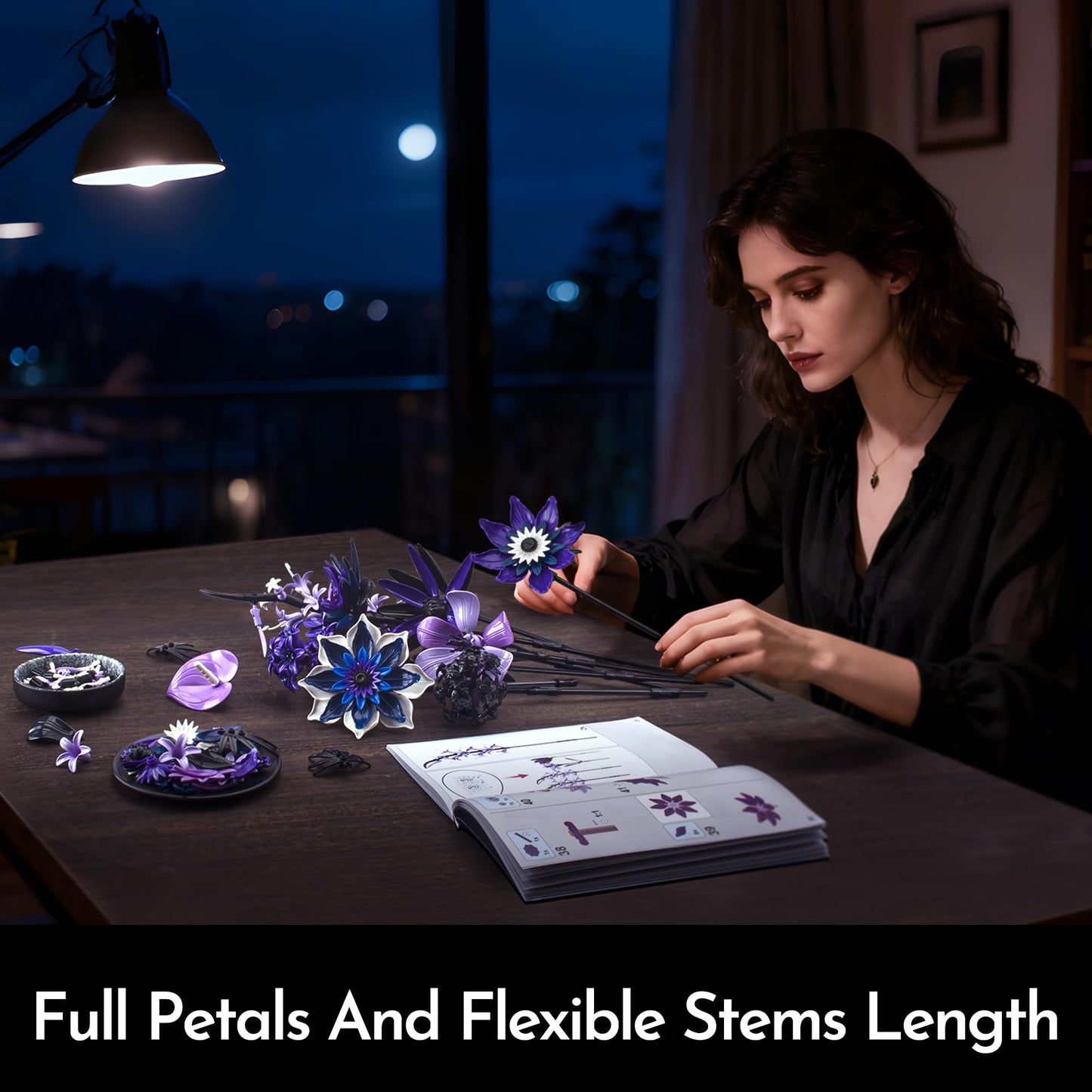 SOOLIO Dahlia Flower Bouquet Building Set for Adults – Gothic Purple Floral Decor (609 PCS)