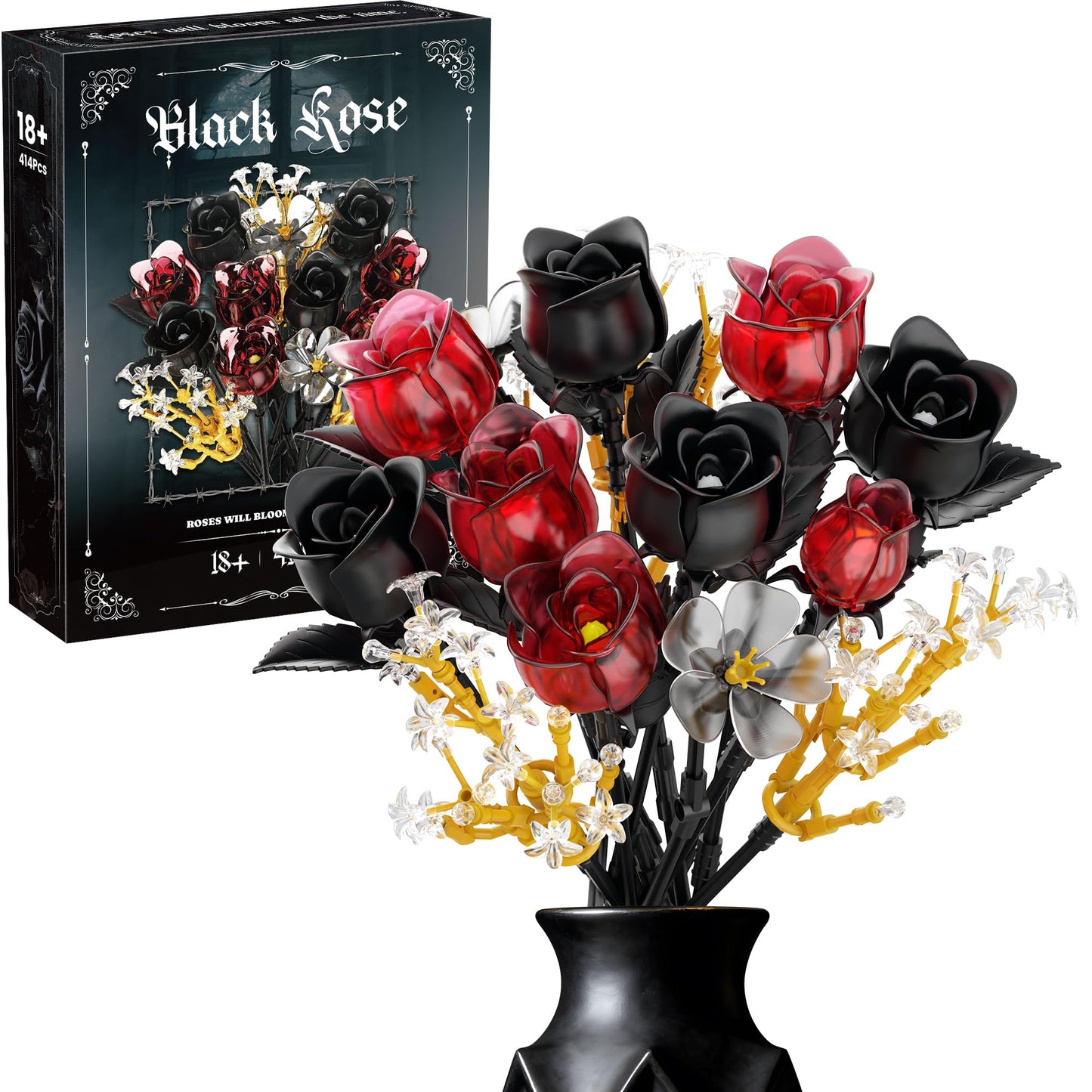 SOOLIO Rose Bouquet Building Set – 414-Piece Gothic Floral Decor for Adults, Valentines & Anniversary Gift