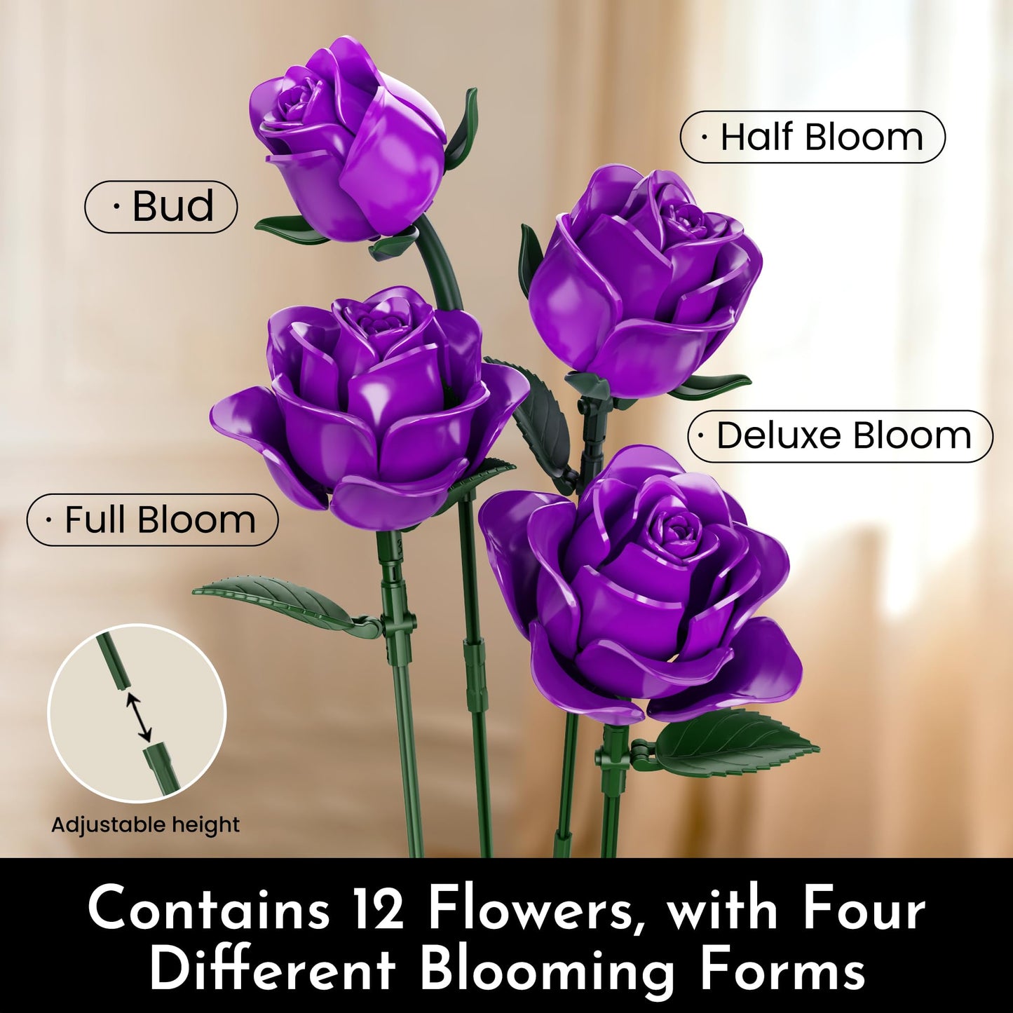 SOOLIO Valentine's Day Rose Bouquet Building Kit – 530 Pcs | Buildable Artificial Floral Decor for Home or Office