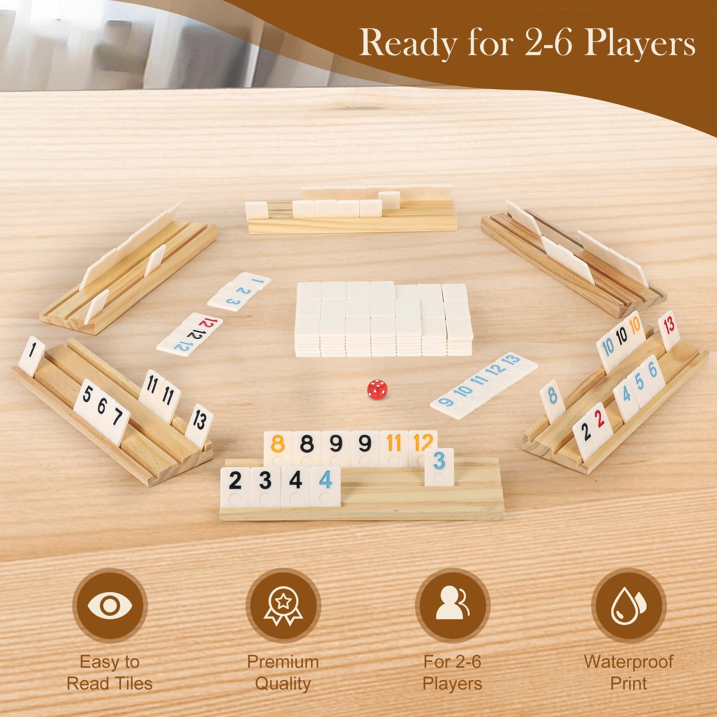 Soopotay Upgraded Rummy Game for 2-6 Players – 6 Wooden Racks, 160 Tiles, Portable Case