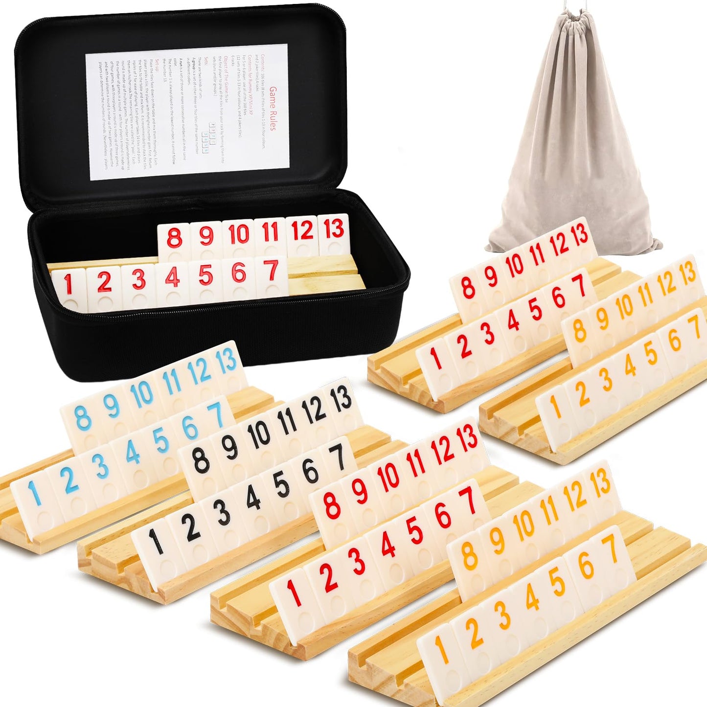 Soopotay Upgraded Rummy Game for 2-6 Players – 6 Wooden Racks, 160 Tiles, Portable Case