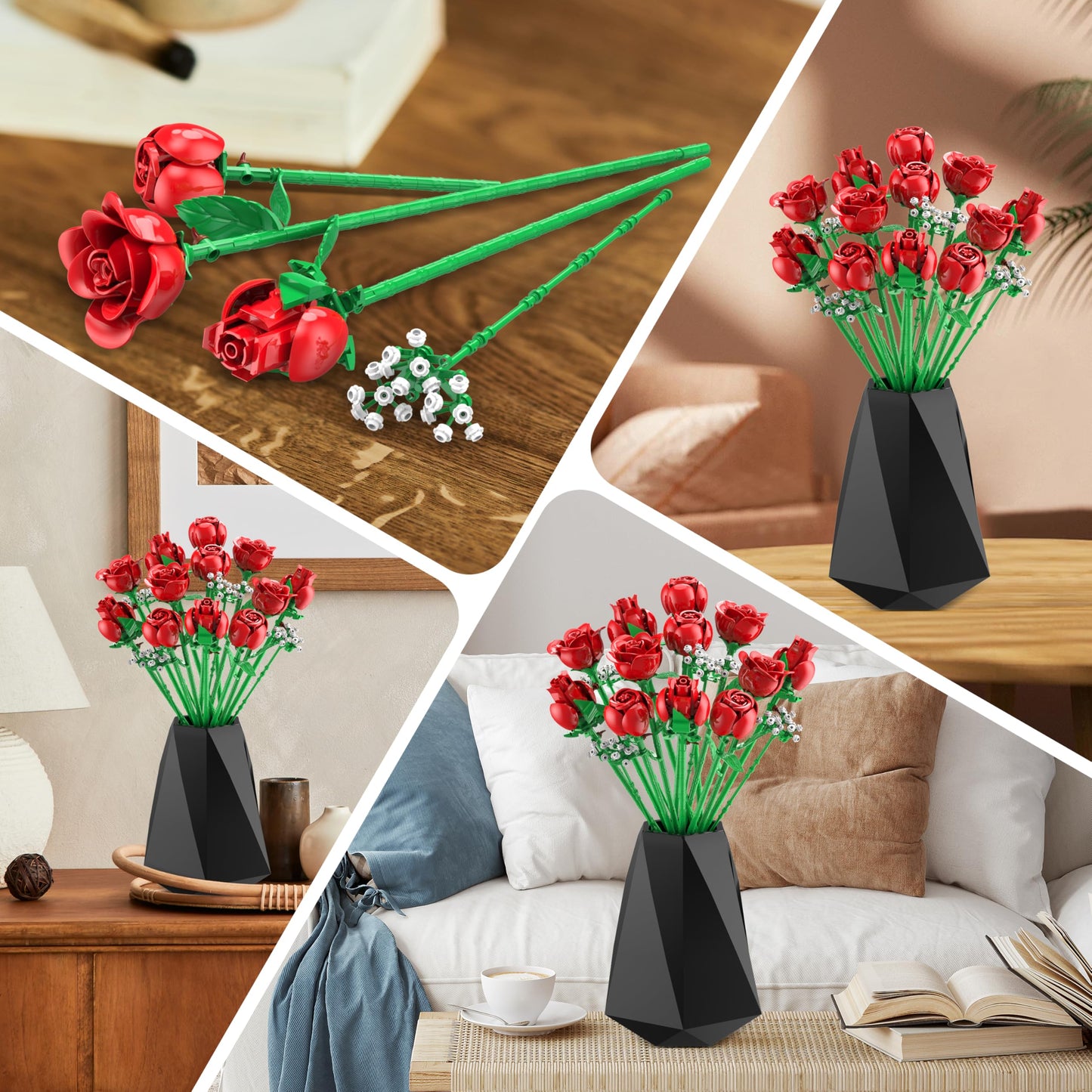 Sopu Red Rose Bouquet Building Set – 960 PCS Artificial Roses for Creative Decor & Valentines Gifts