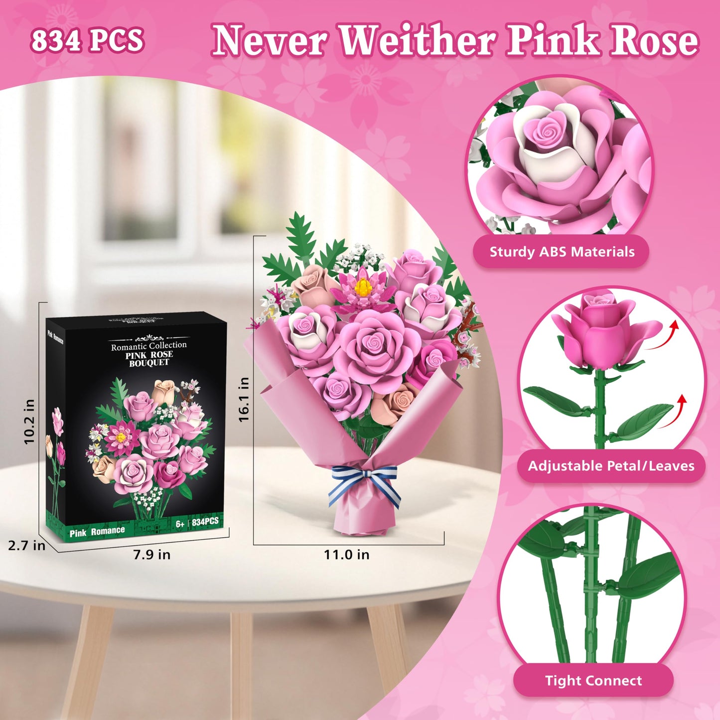 Sopu Pink Rose Bouquet Building Set – 834 Pcs, Lego-Compatible Floral Kit for Adults