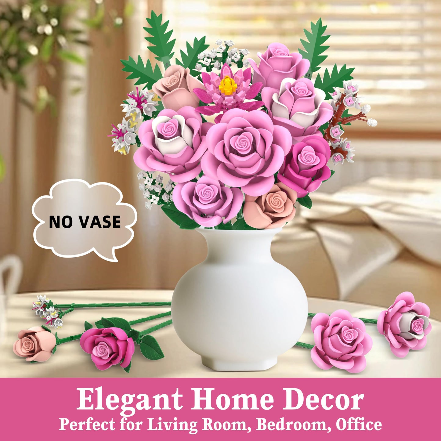 Sopu Pink Rose Bouquet Building Set – 834 Pcs, Lego-Compatible Floral Kit for Adults