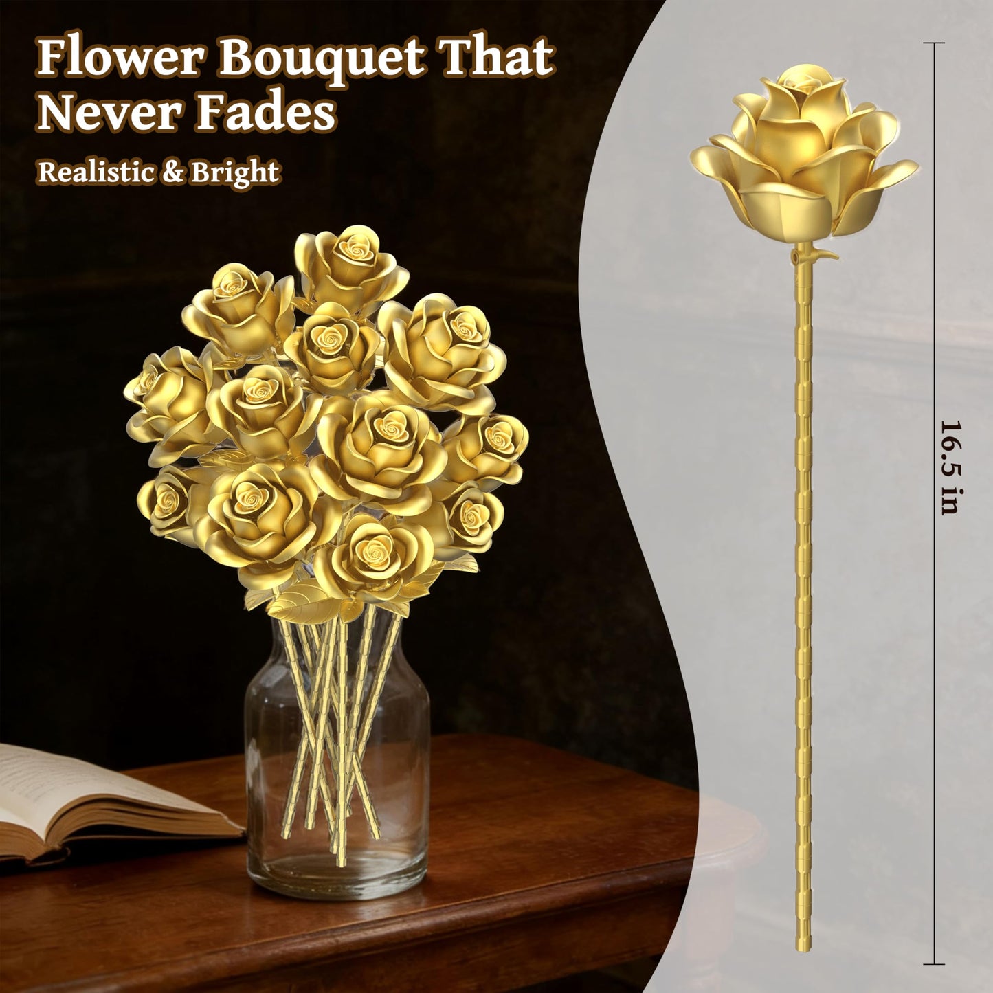 Sopu Metallic Gold Roses Bouquet Building Sets – 670 Pcs, Lego-Compatible Gift for Her