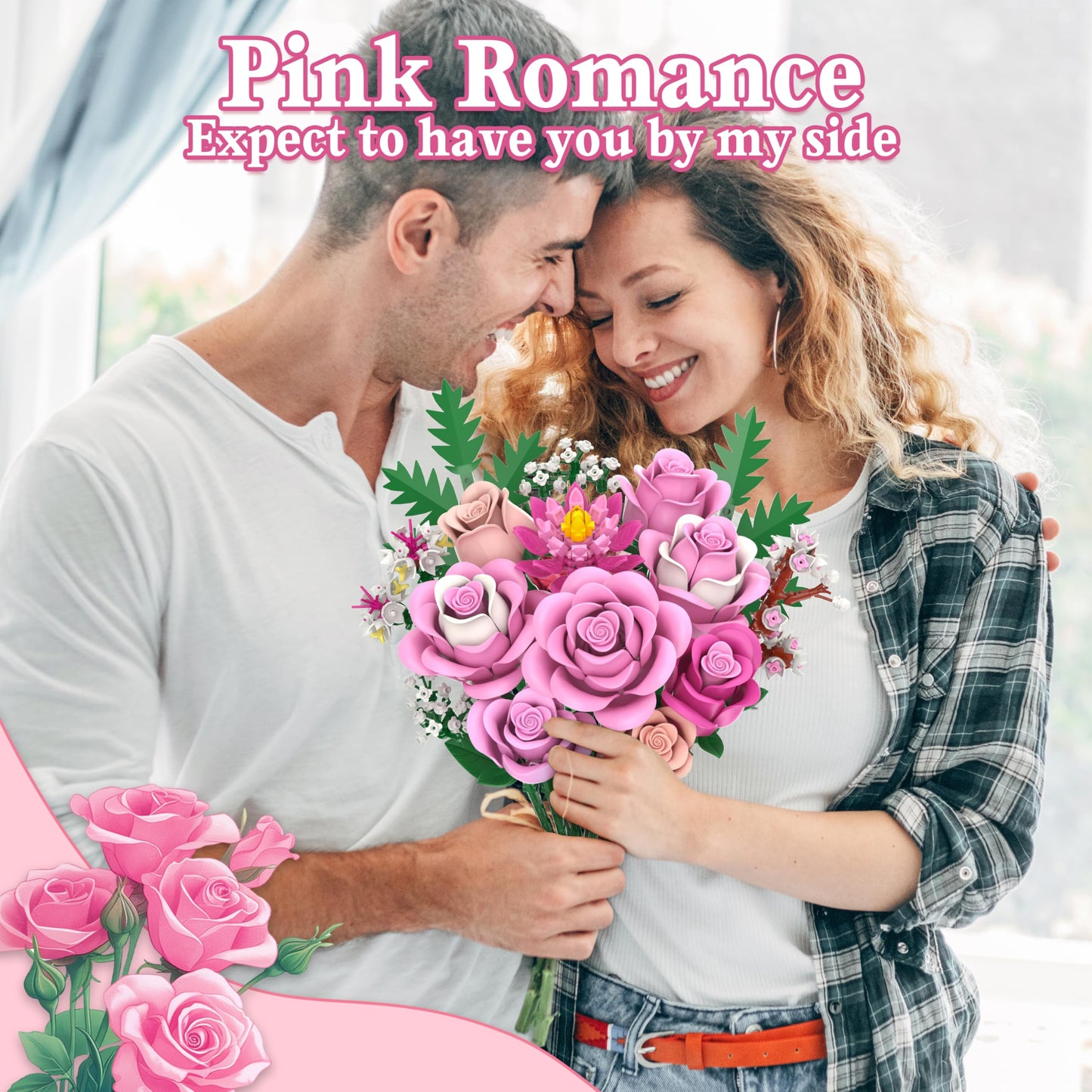 Sopu Pink Rose Bouquet Building Set – 834 Pcs, Lego-Compatible Floral Kit for Adults