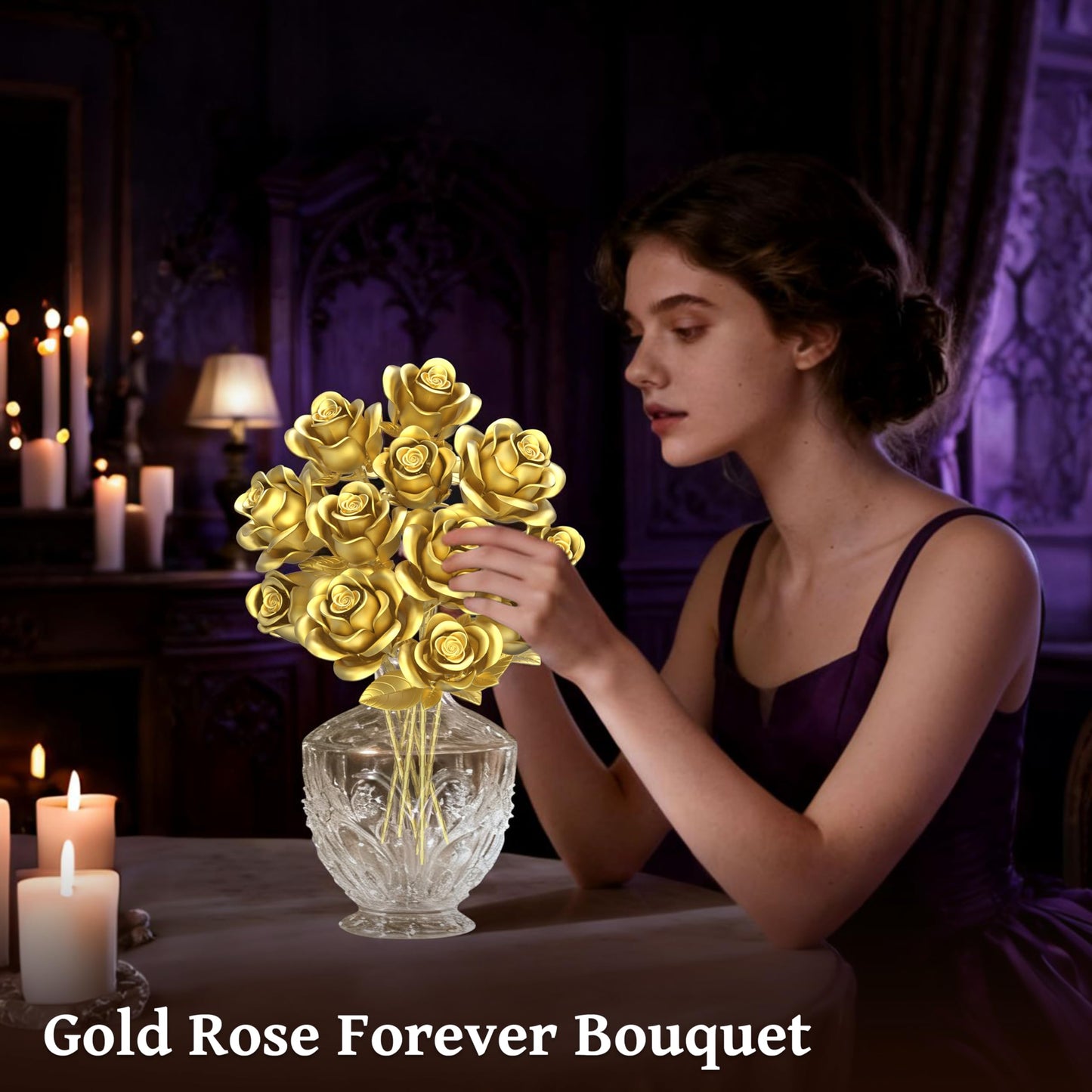 Sopu Metallic Gold Roses Bouquet Building Sets – 670 Pcs, Lego-Compatible Gift for Her