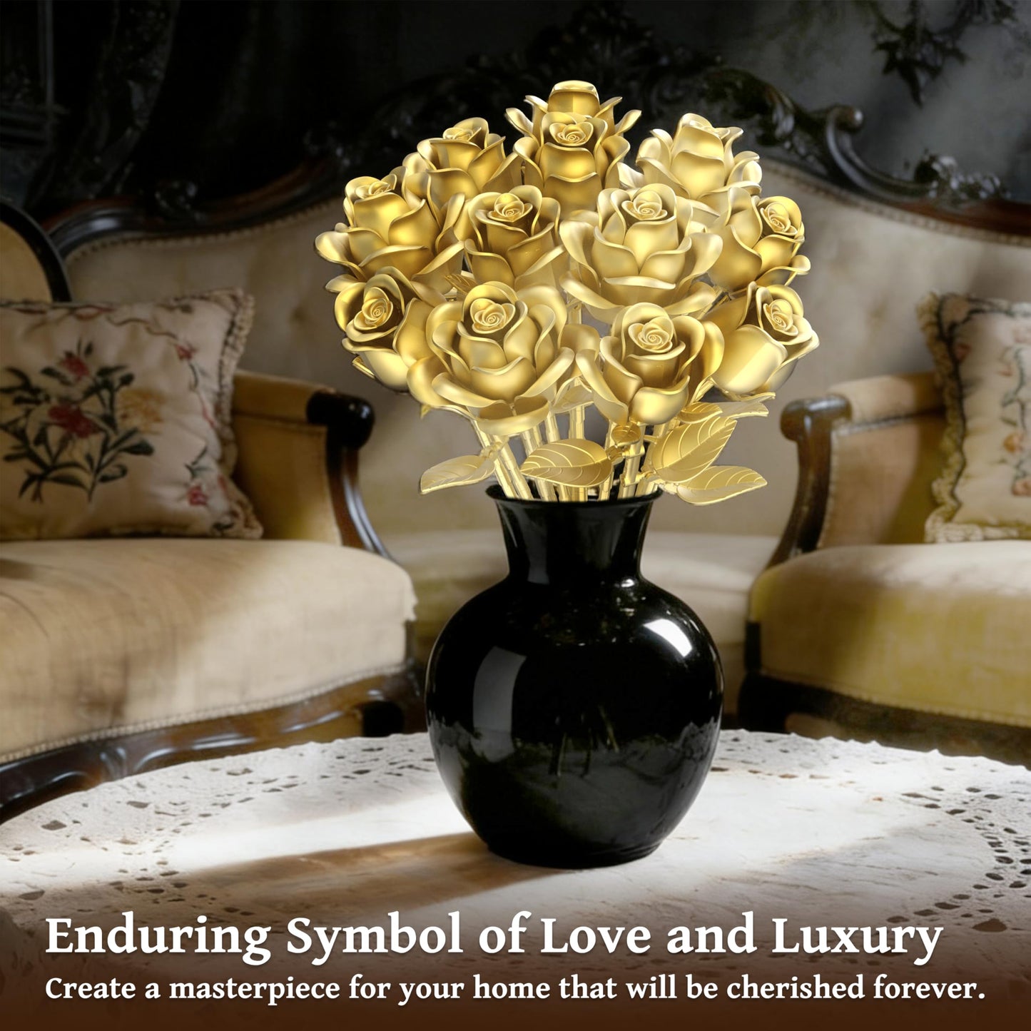 Sopu Metallic Gold Roses Bouquet Building Sets – 670 Pcs, Lego-Compatible Gift for Her