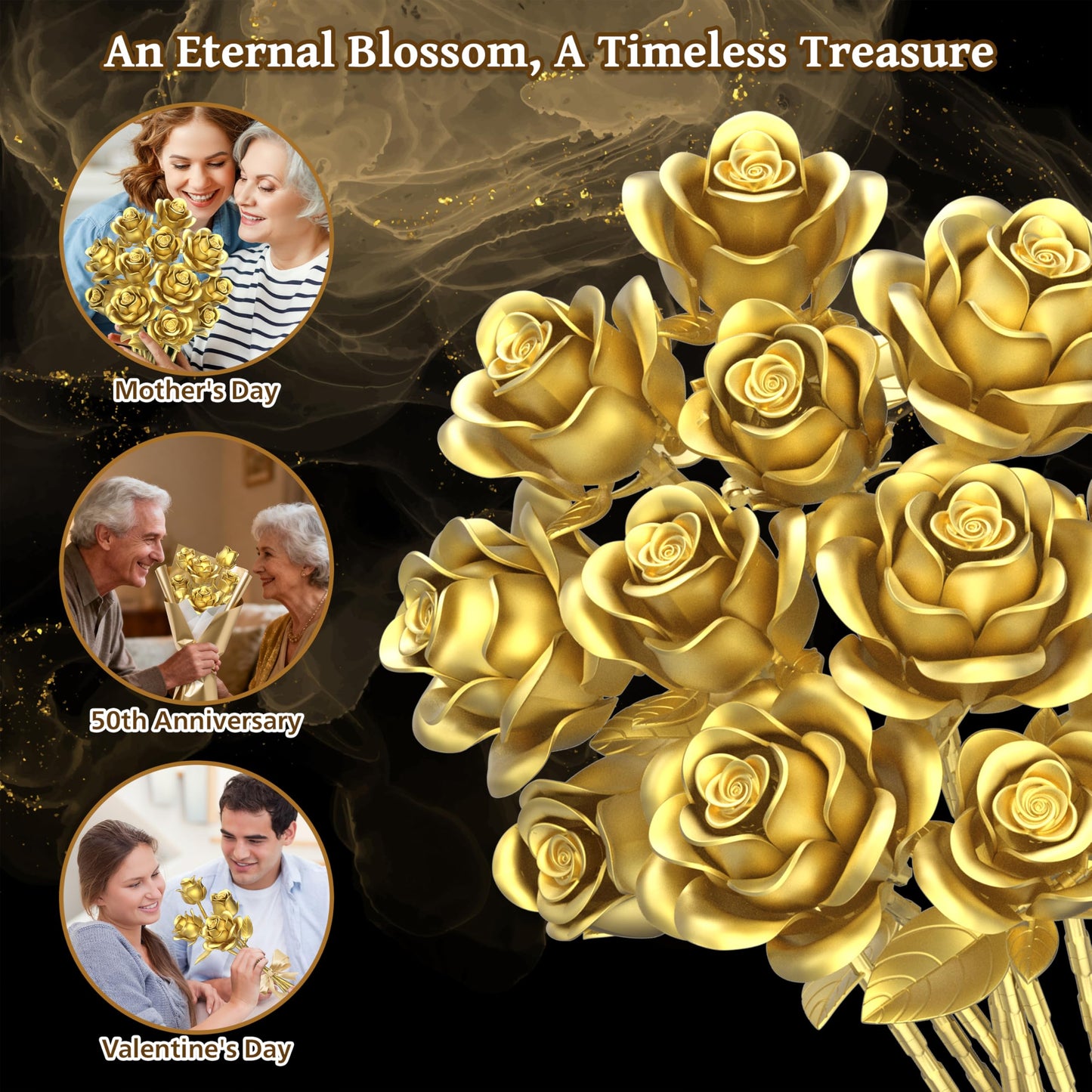 Sopu Metallic Gold Roses Bouquet Building Sets – 670 Pcs, Lego-Compatible Gift for Her