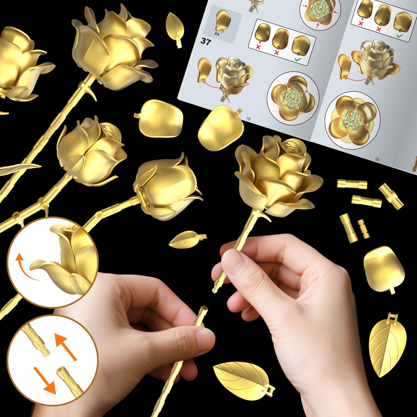 Sopu Metallic Gold Roses Bouquet Building Sets – 670 Pcs, Lego-Compatible Gift for Her