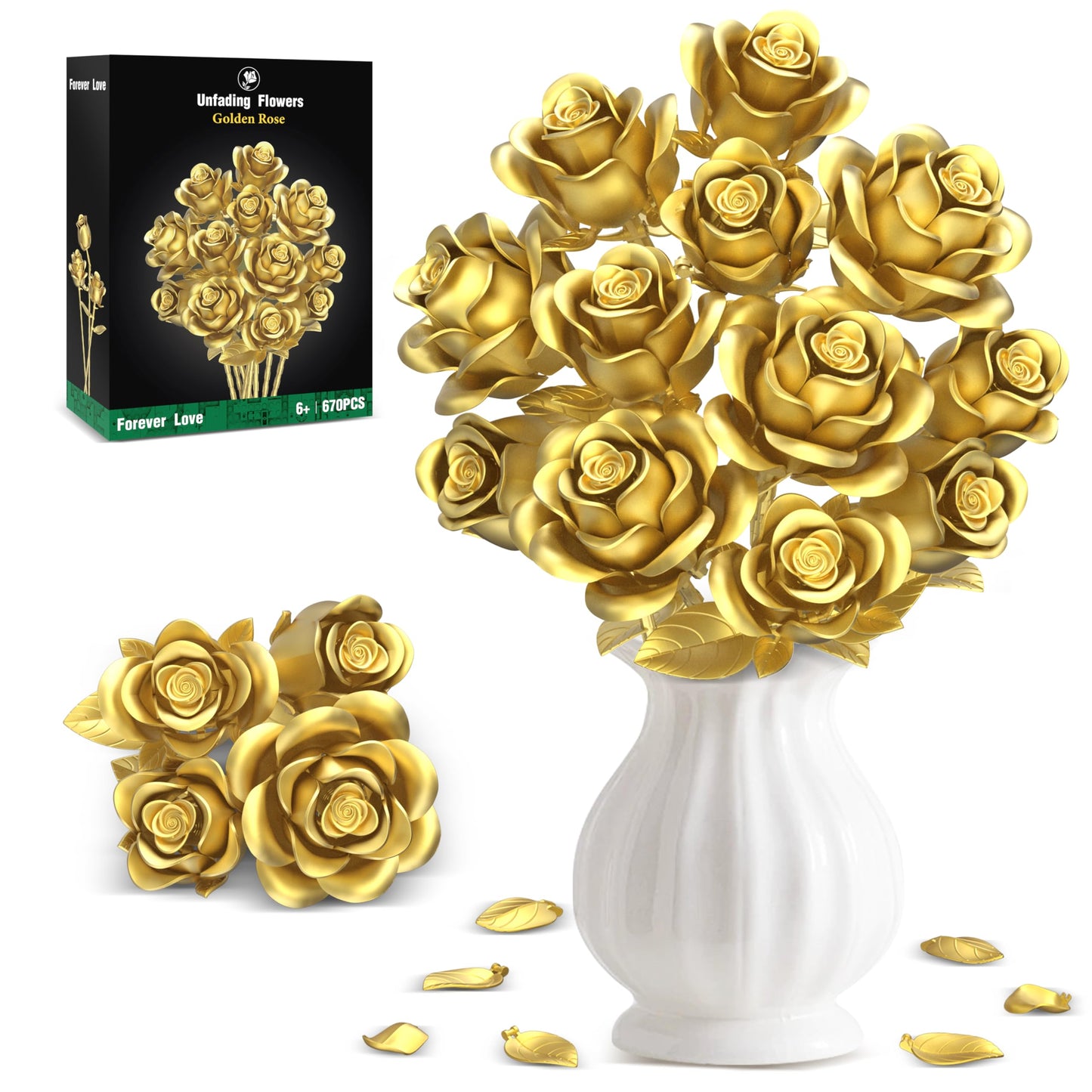 Sopu Metallic Gold Roses Bouquet Building Sets – 670 Pcs, Lego-Compatible Gift for Her