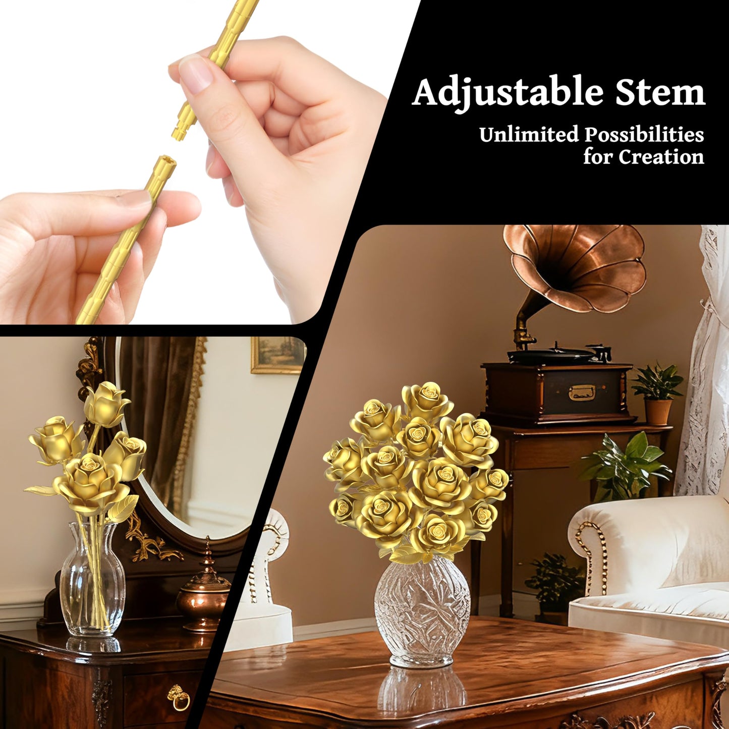 Sopu Metallic Gold Roses Bouquet Building Sets – 670 Pcs, Lego-Compatible Gift for Her